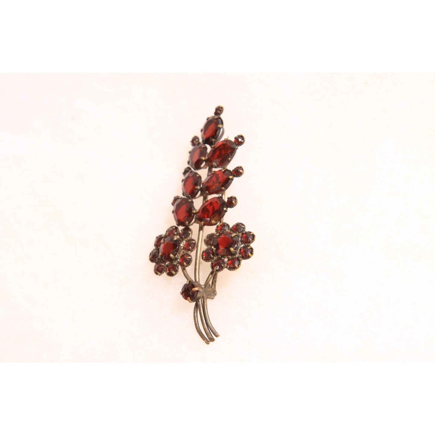 1930s Faux Garnet Red Glass Novelty Floral Leaf Bouquet Czech Slovakia Brooch
