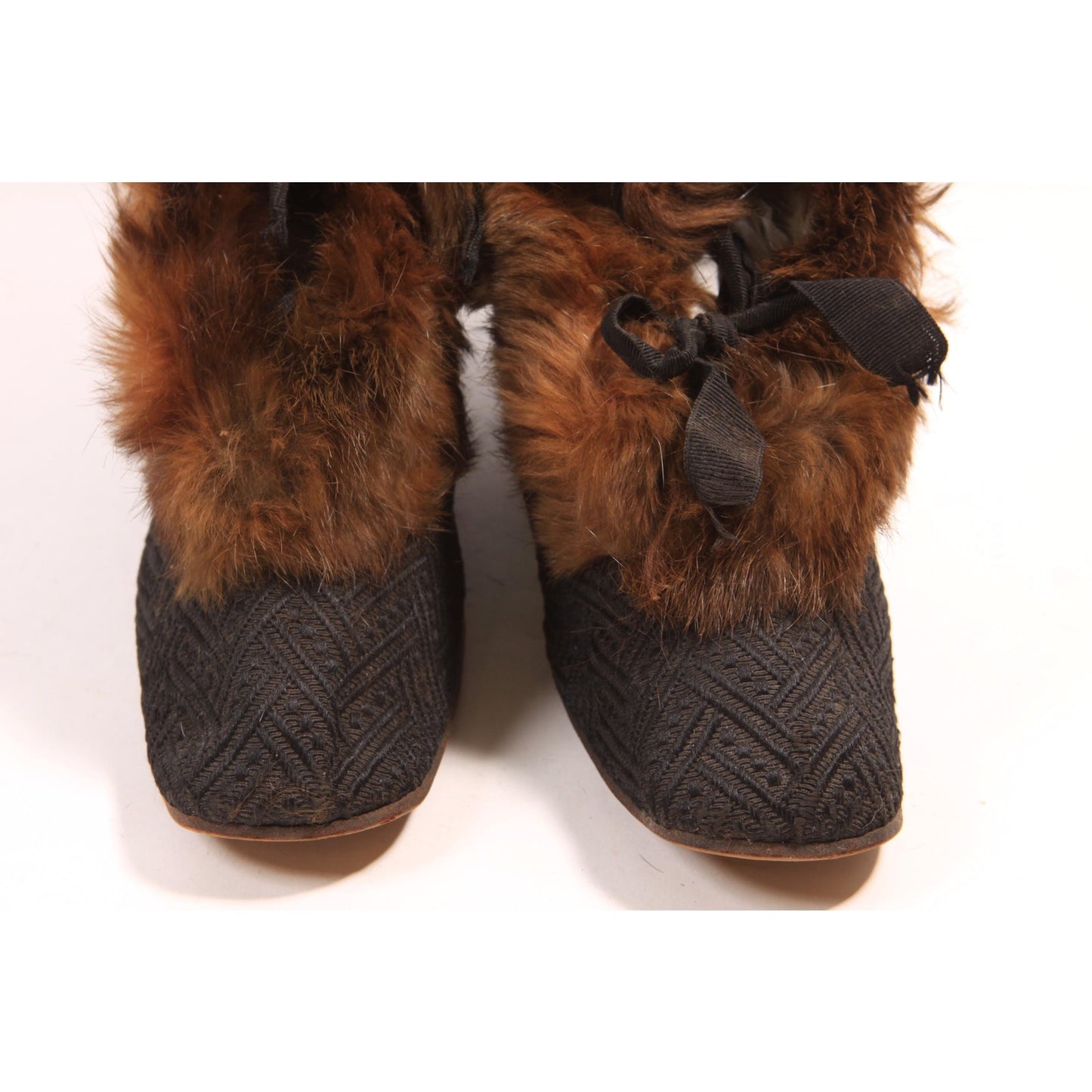 Antique 1800s Victorian Black and Brown Fur Lined and Fur Trim Lace Up Carriage Slipper Boots