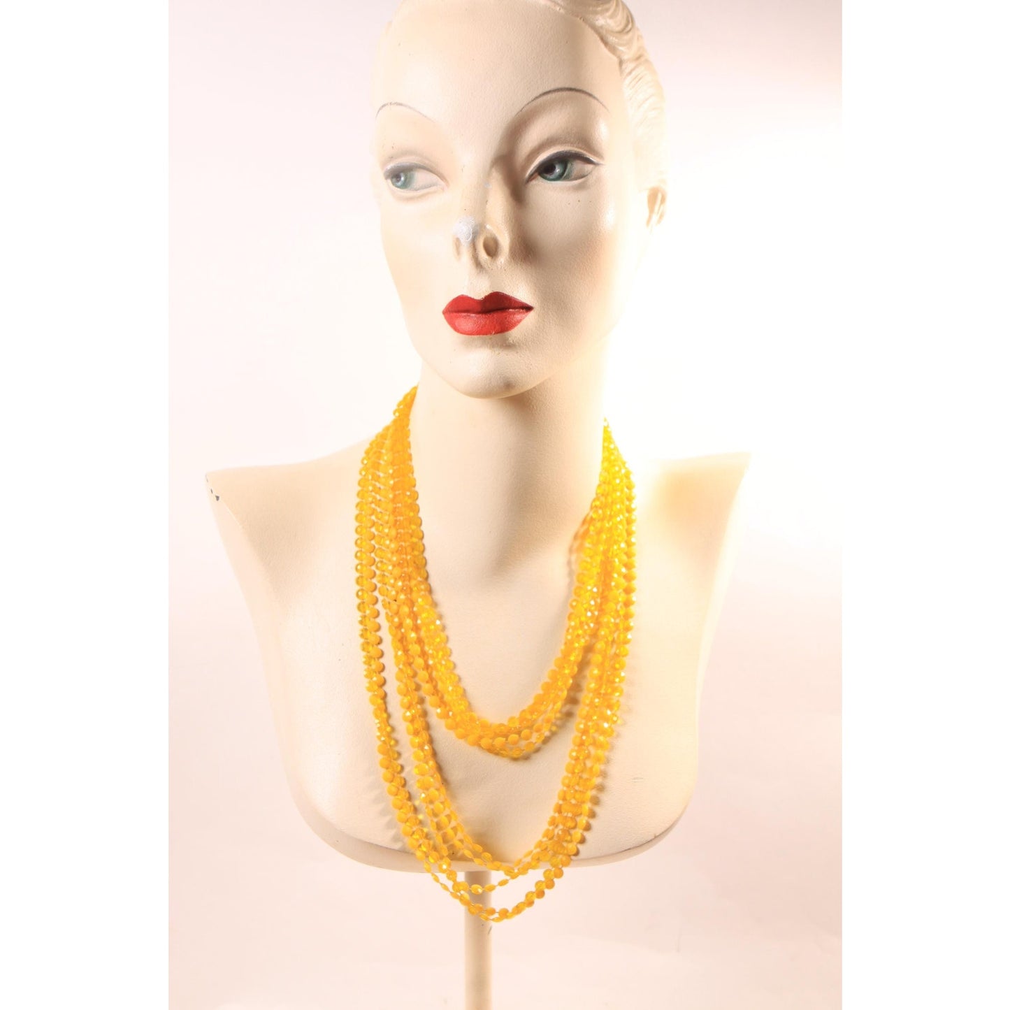 1960s Yellow Floral Flower Shaped Four Strand Plastic Beaded Necklace