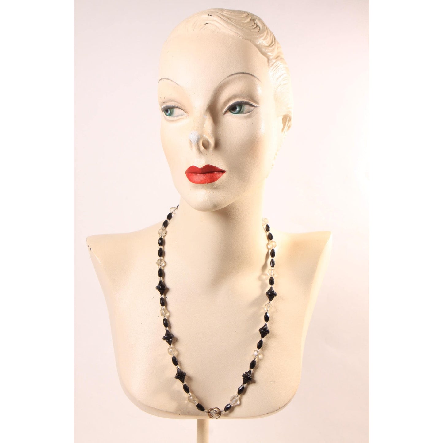 1940s 1950s Black and Clear Glass Faceted Beaded Necklace