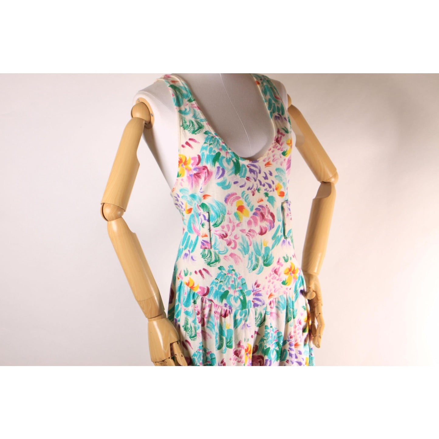 1980s White and Multi-Colored Floral Wide Strap Drop Waist One Piece Jumpsuit -L-XL