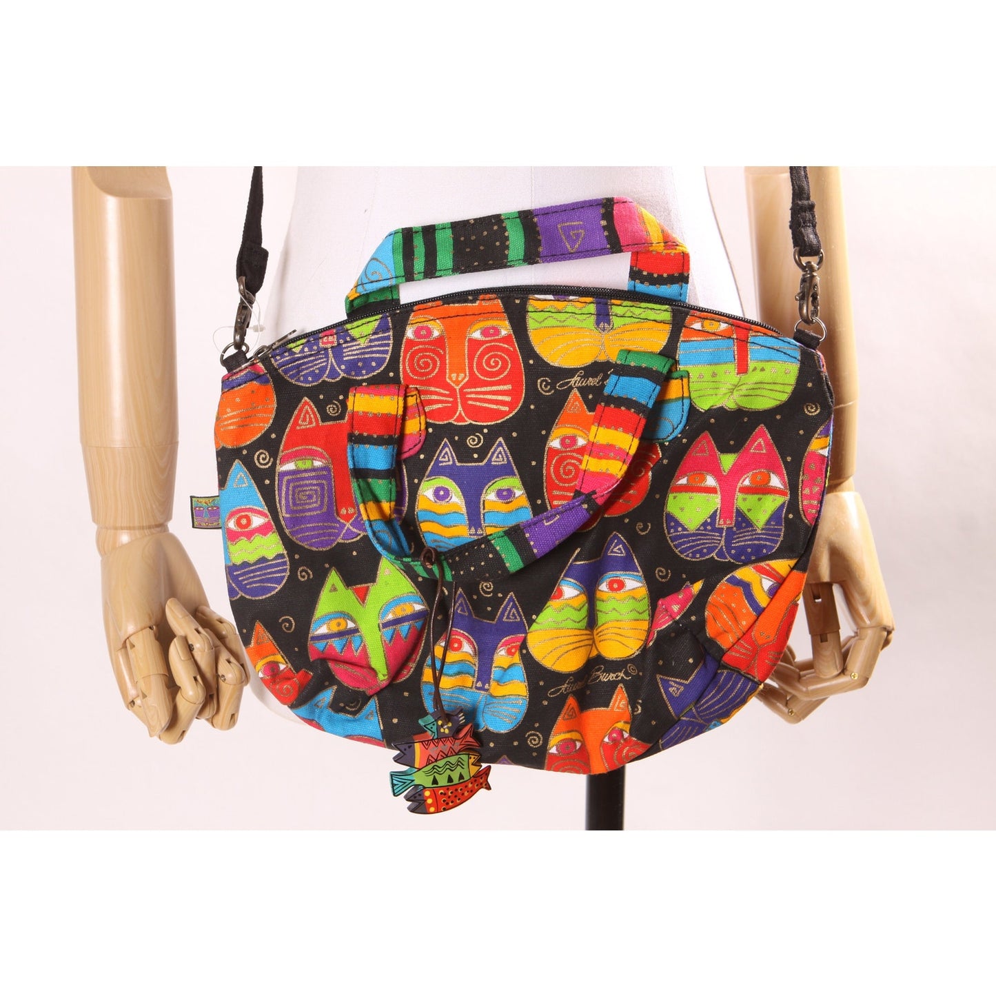 Deadstock 1980s Novelty Rainbow Multi-Colored Cat Print Top Handle Crossbody Shoulder Strap Purse by Laurel Burch