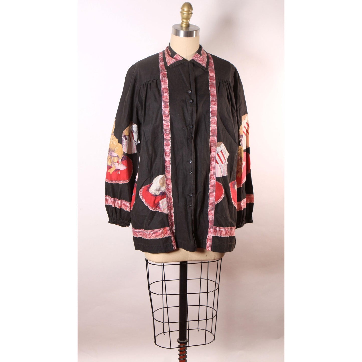 1950s Novelty Puppies and Presents Black Long Sleeve John Wolf Print Blouse Smock Top -XL
