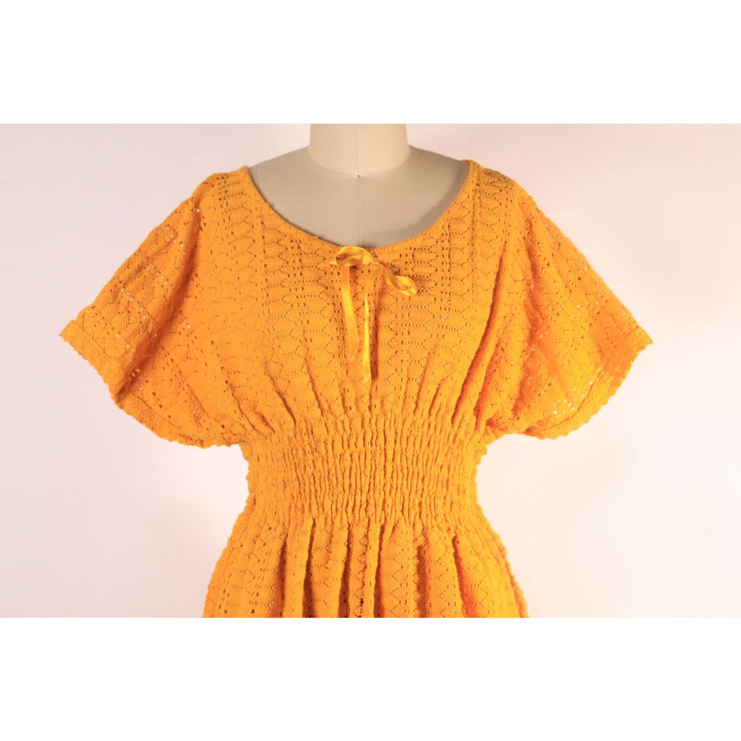 1970s Golden Harvest Yellow Smocked Short Sleeve Knit Blouse -L
