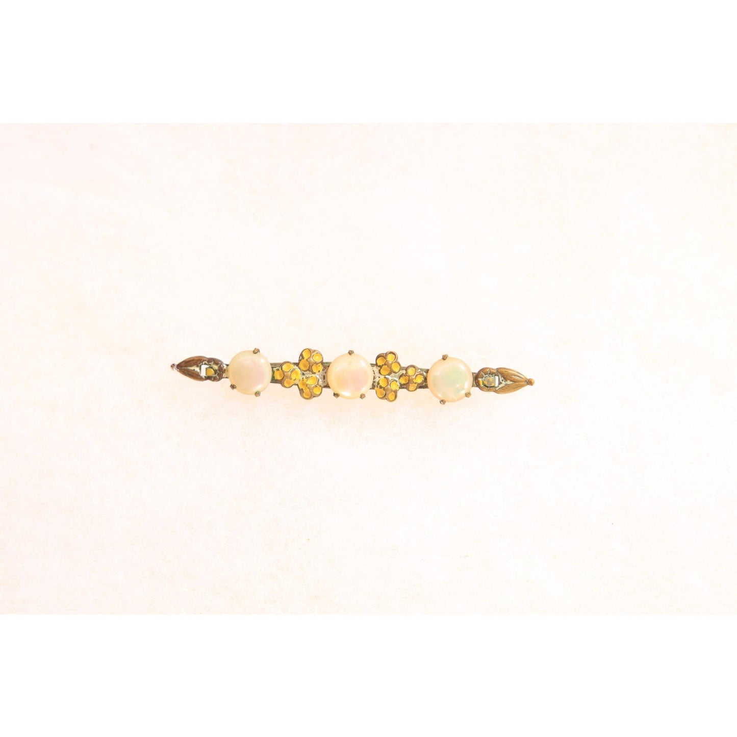 Antique 1910s 1920s Edwardian Yellow and Mother of Pearl Floral Bar Brooch