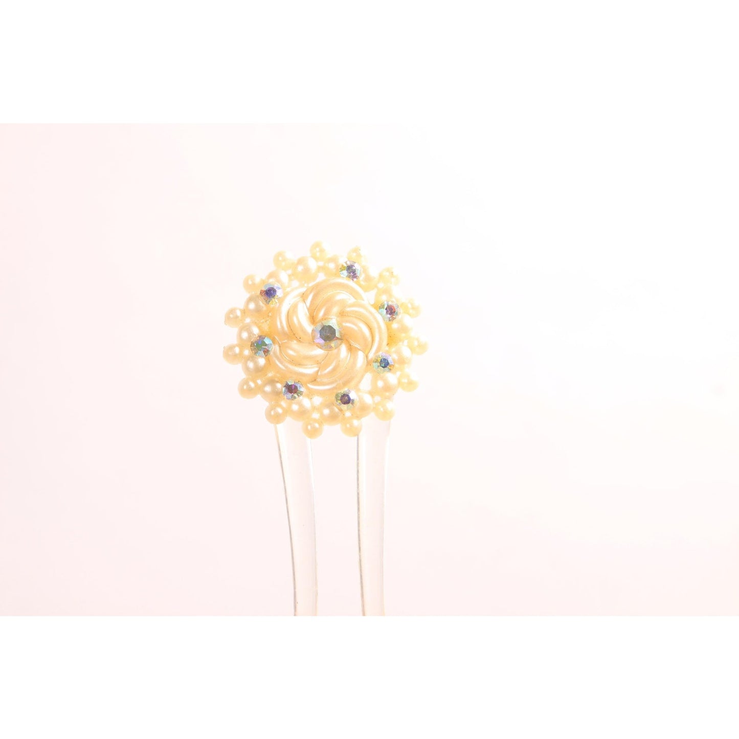 1940s 1950s Cream Rhinestone Floral Circle Hair Comb Fork