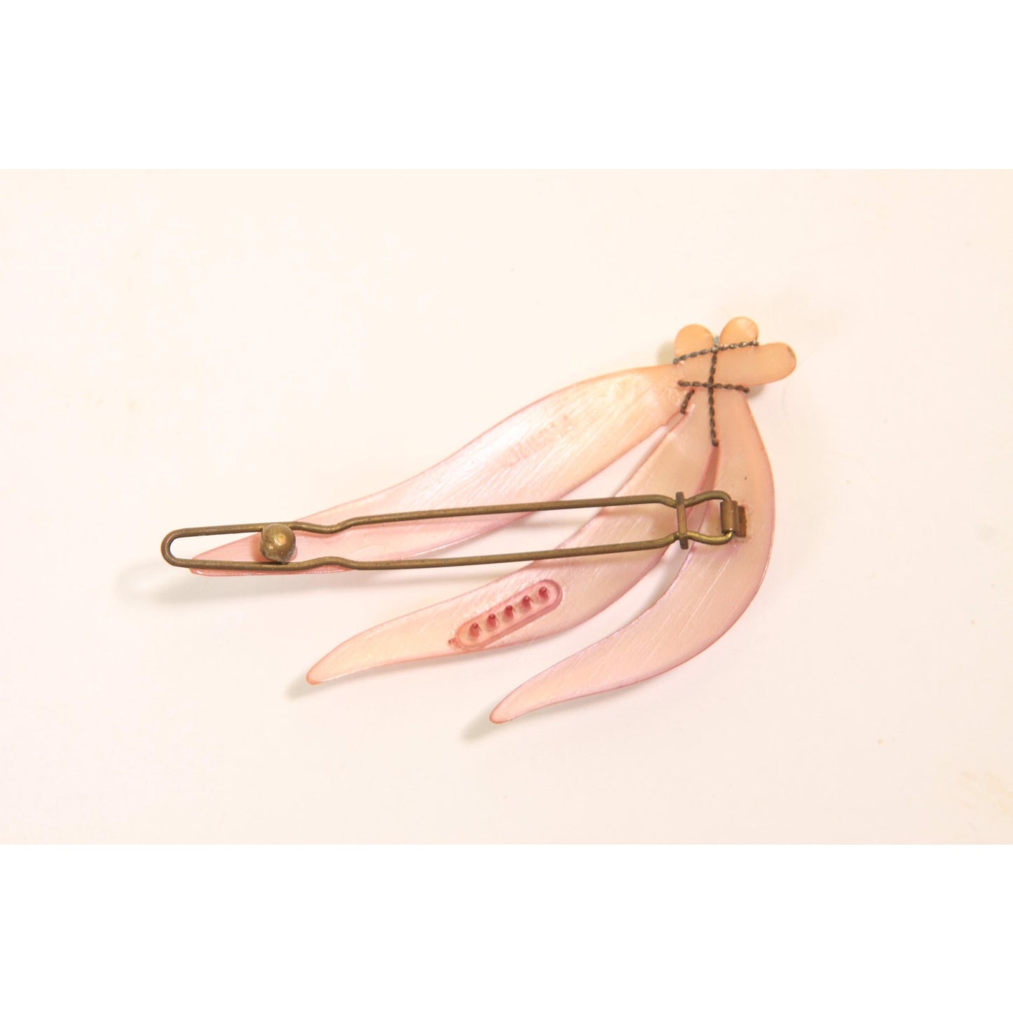 1940s 1950s Novelty Red Plastic Bow and Pink Leaf Hair Barrette Clip
