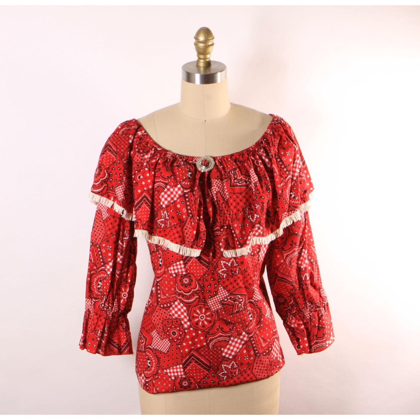 1980s Red, Black and White Novelty Bandana Print Fringe Trim Western Cowgirl Off the Shoulder Blouse Top -M