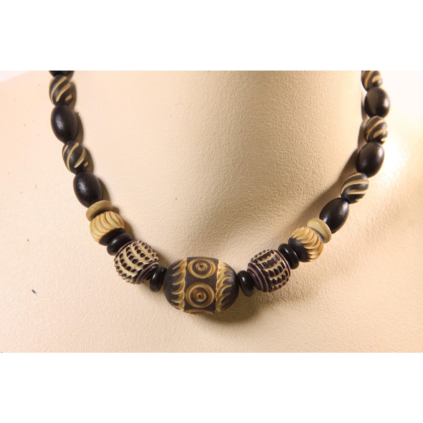 1920s 1930s Black and Cream Carved French Galalith Beaded Art Deco Necklace