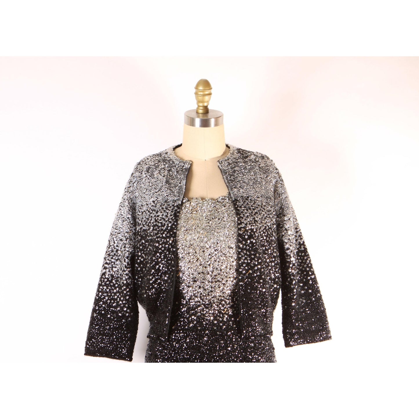 1950s Black and Silver Ombre Fade Metallic Sequin Bombshell Wiggle Dress with Matching Cropped Bolero Jacket by Gene Shelly -M