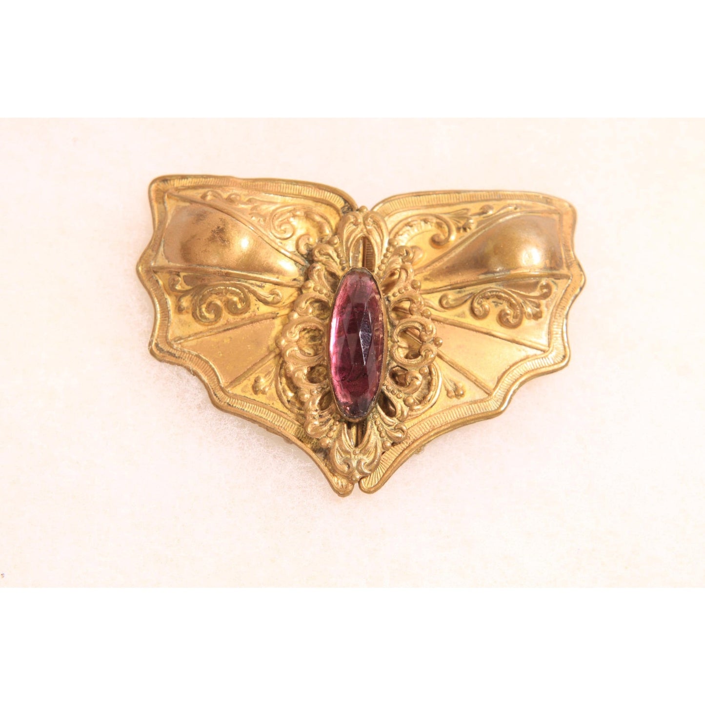 1930s Art Nouveau Gold Tone Metal Purple Stone Gothic Bat Wing Belt Buckle