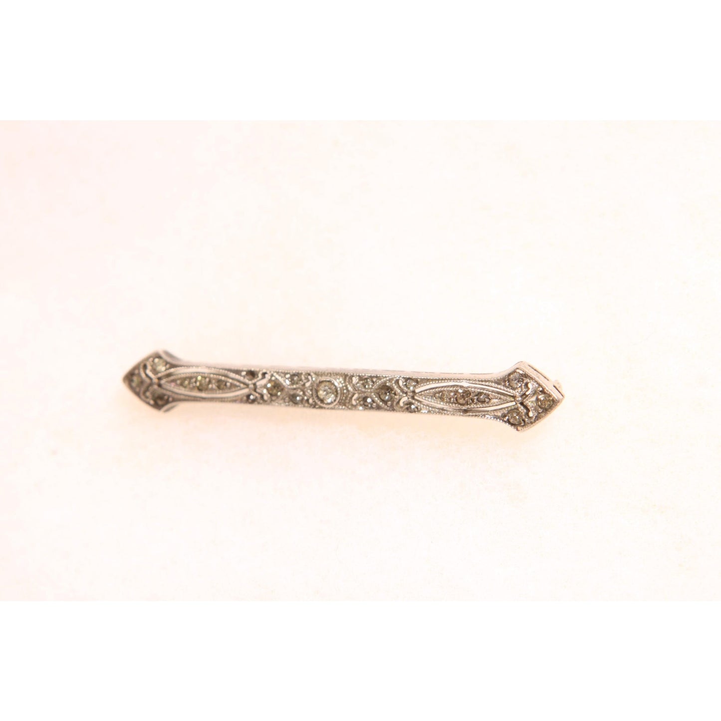 Antique 1920s Sterling Silver Marcasite Rhinestone Art Deco Bar Brooch