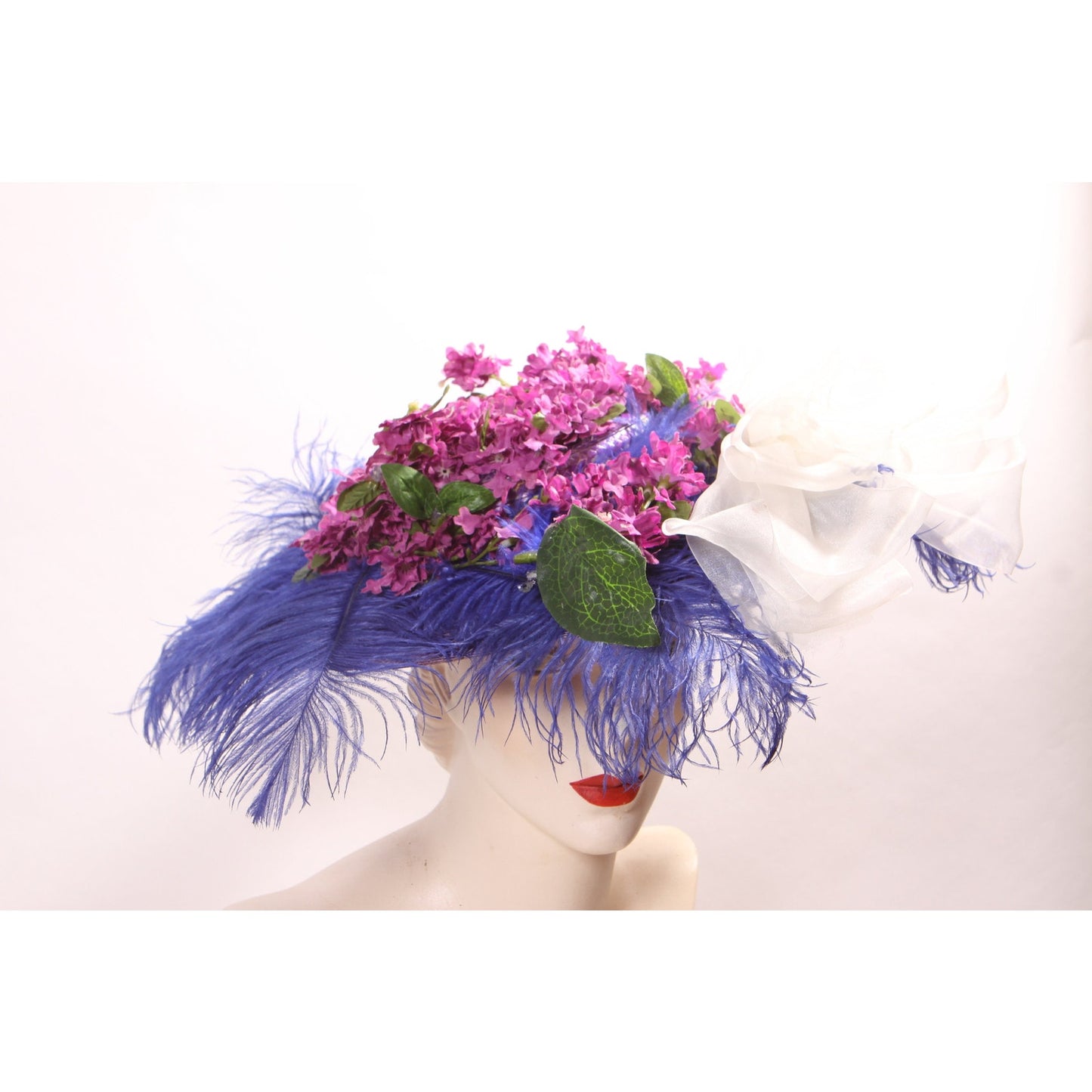 1980s Does Edwardian Victorian Style Wide Brim Purple Straw Hat with Blue Feather and Faux Flowers Floral Hat