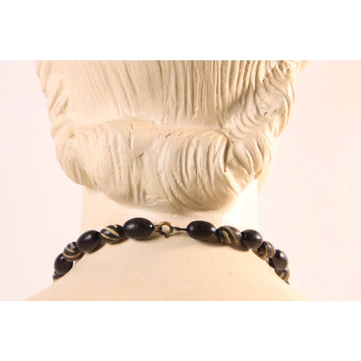 1920s 1930s Black and Cream Carved French Galalith Beaded Art Deco Necklace