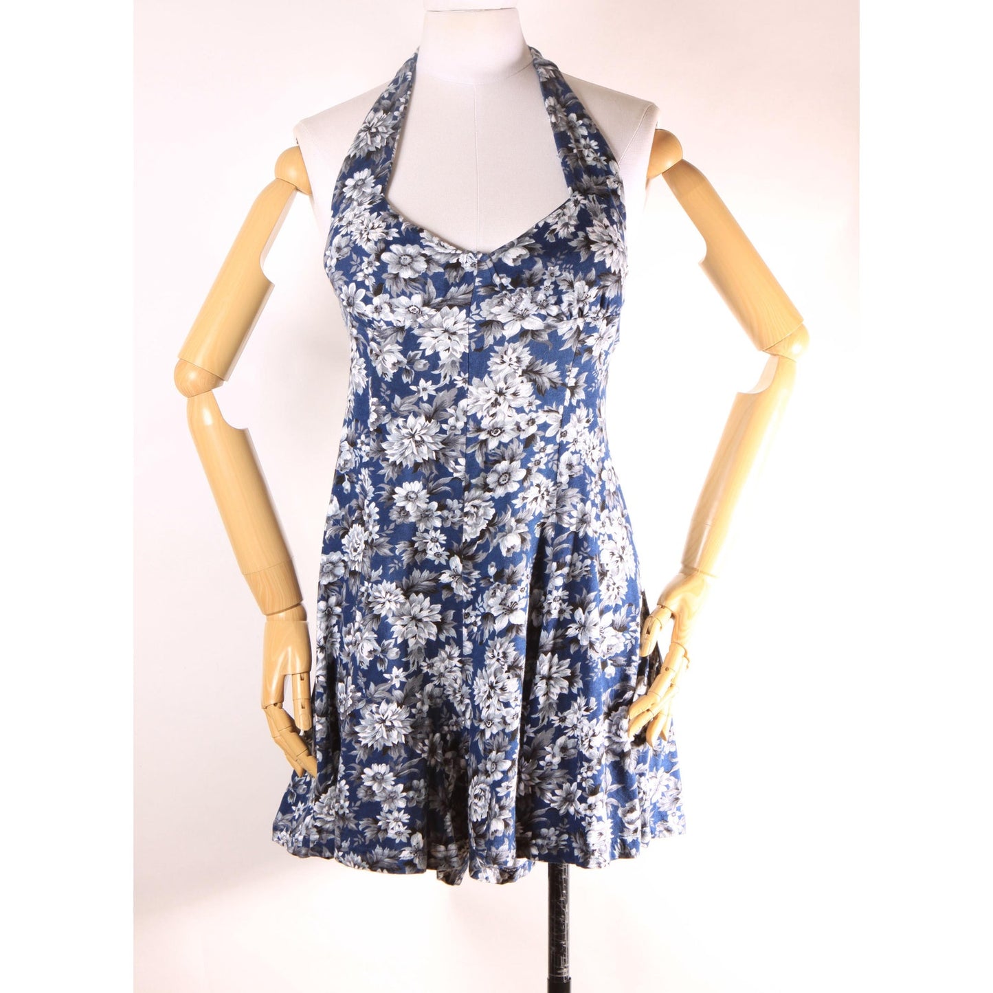 1990s Blue and White Floral Halter Top One Piece Romper by Energie -M