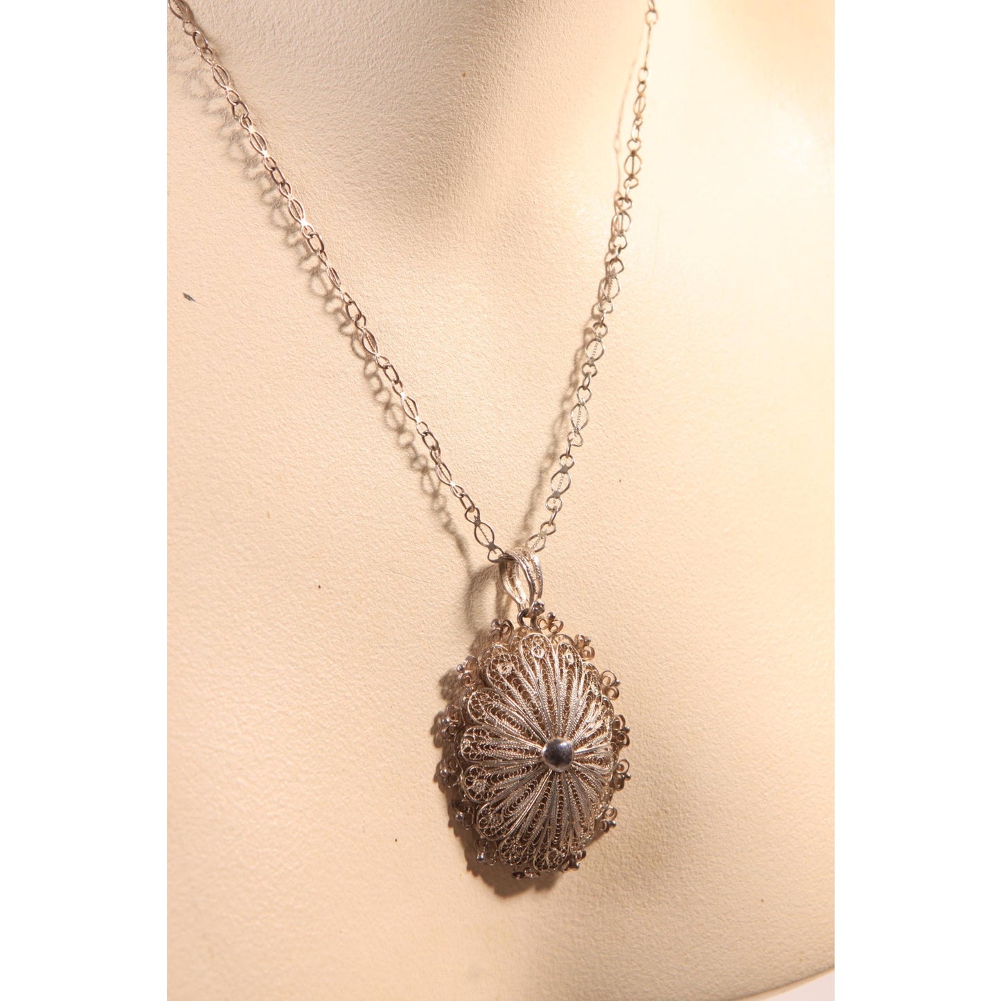 1950s Silver Tone Metal Filigree Indonesian Pendant Necklace
