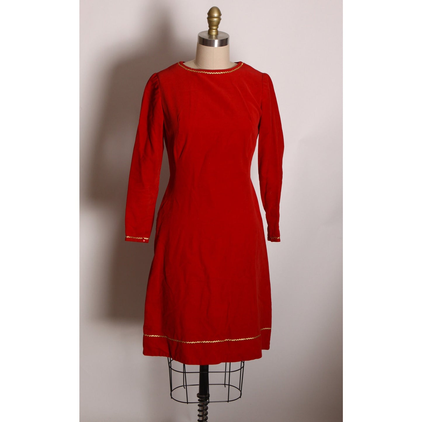 1960s Red Velvet 3/4 Length Sleeve Gold Trim Flared Christmas Dress -XS