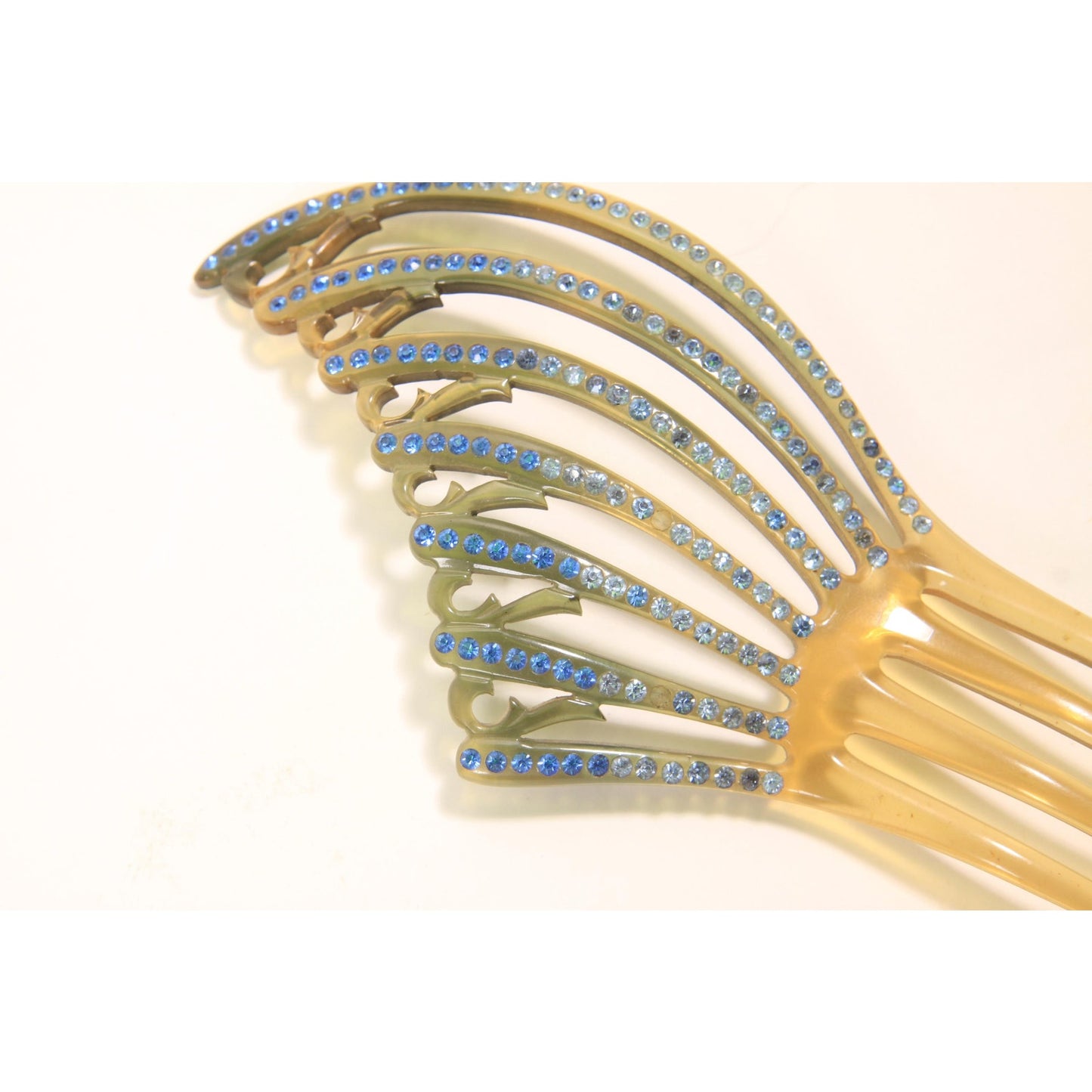 1930s Tan, Gray and Blue Rhinestone Fan Art Deco Hair Comb