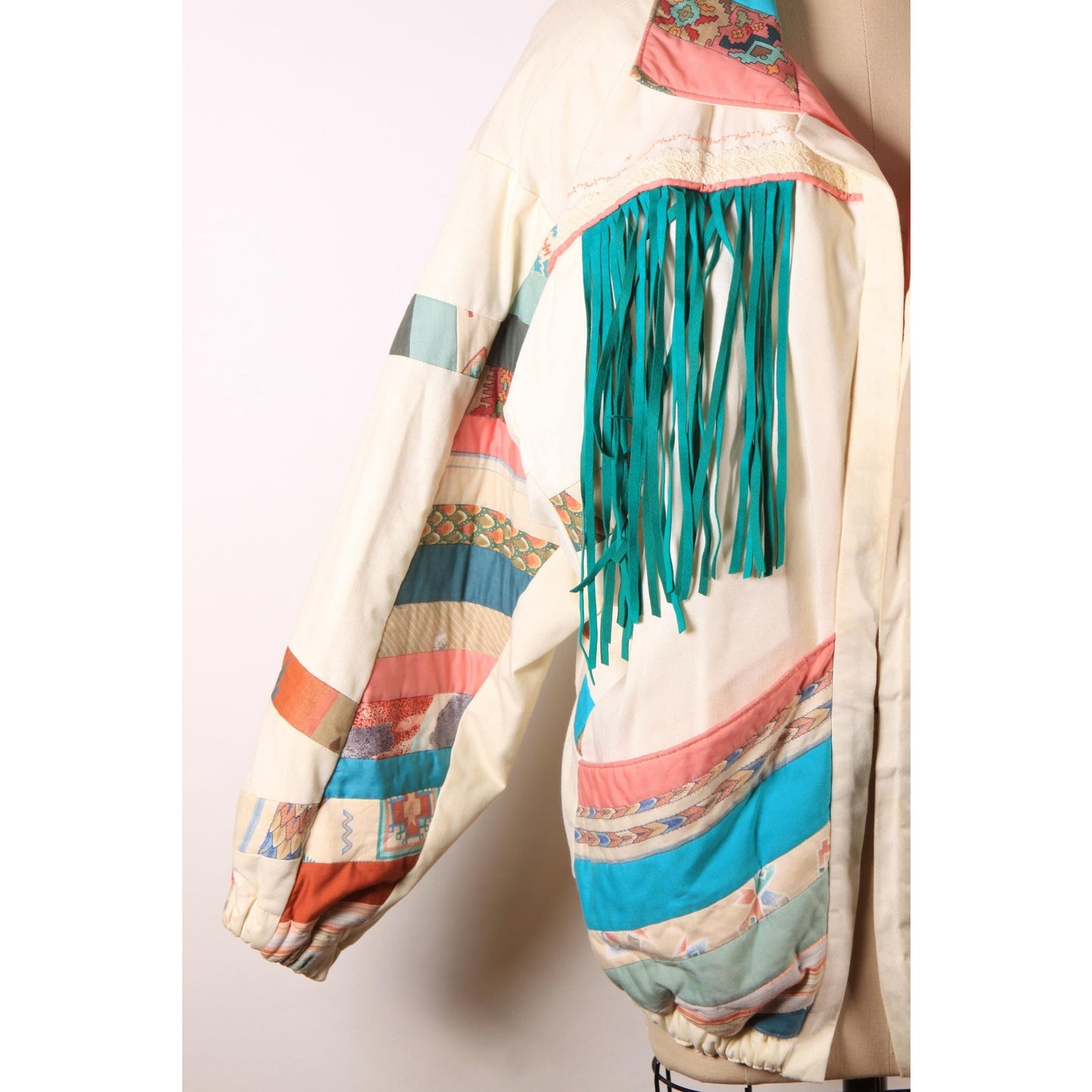 1980s Multi-Colored Cream, Teal Blue Green, Pink and Tan Patchwork Quilt Fringe Open Front Southwestern Coat -L-XL