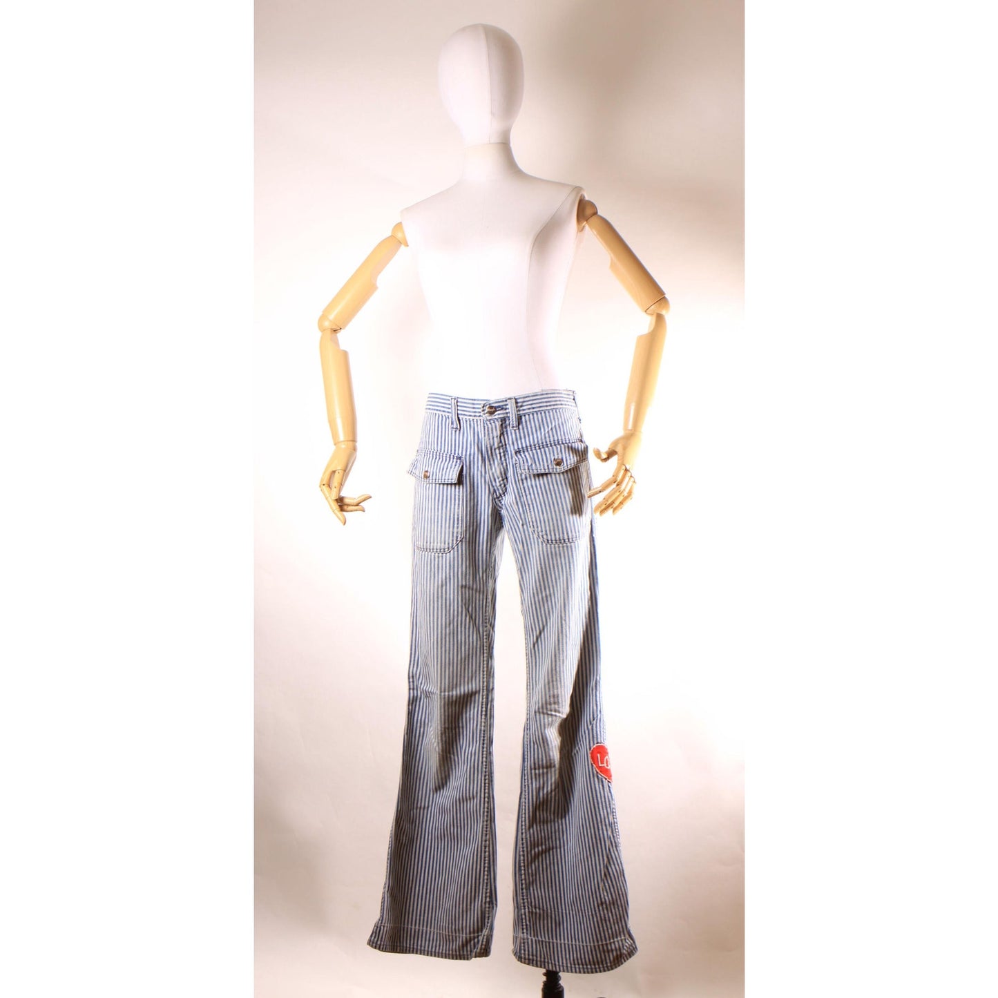 1970s Blue and White Striped Novelty Help and Love Patchwork Patch Railroad Jeans by Wrangler -31x34