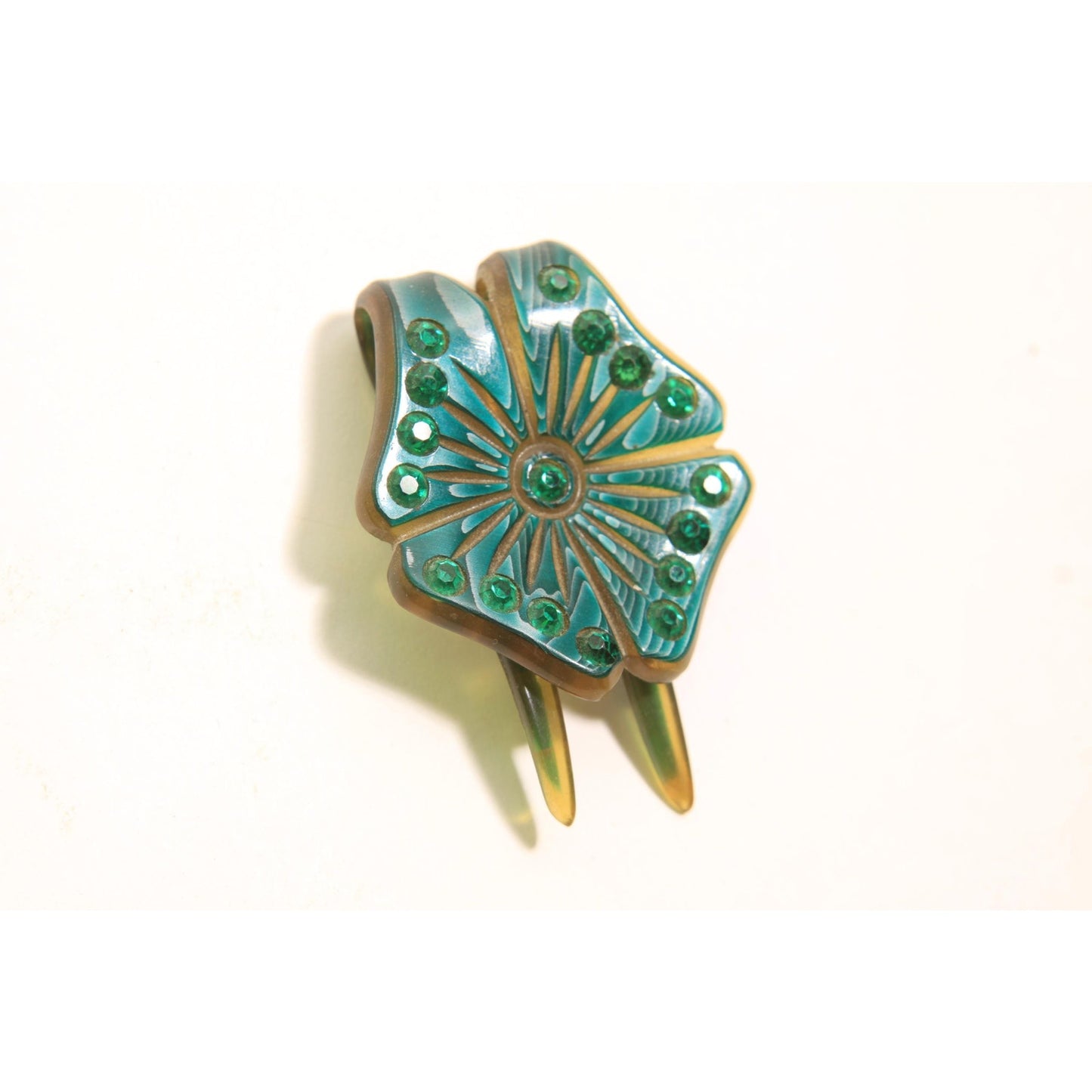 1930s Green Flower Floral Rhinestone Prong Hair Fork Comb