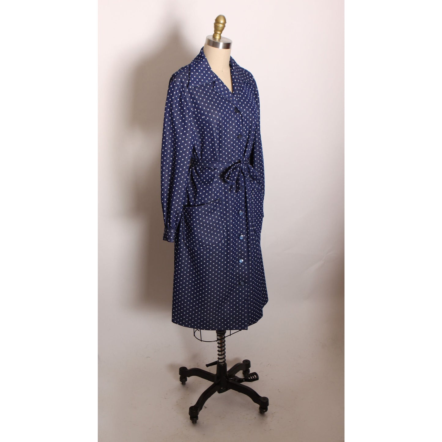 1970s Navy Blue and White Polka Dot Long Sleeve Pocketed Button Up Front Polyester Dress -L