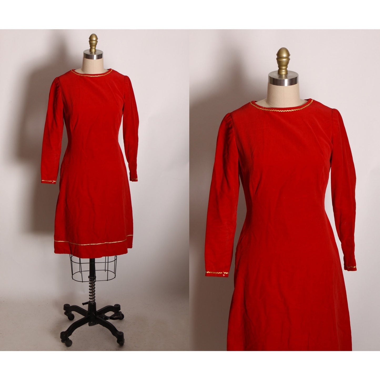 1960s Red Velvet 3/4 Length Sleeve Gold Trim Flared Christmas Dress -XS