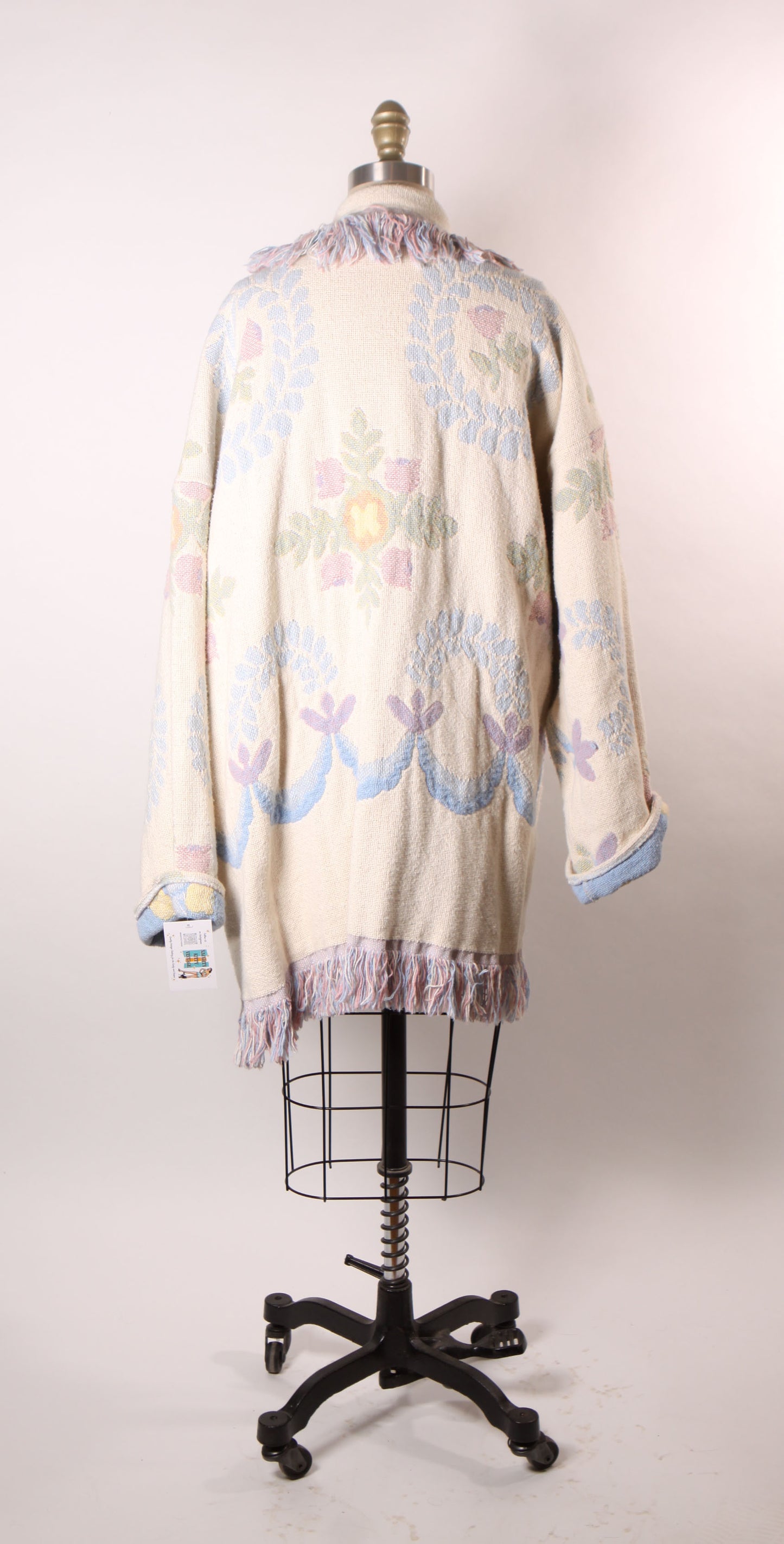 1980s Blue, Pink and White Fringe Quilt Tapestry Blanket Reversible Coat -One Size Fits Most