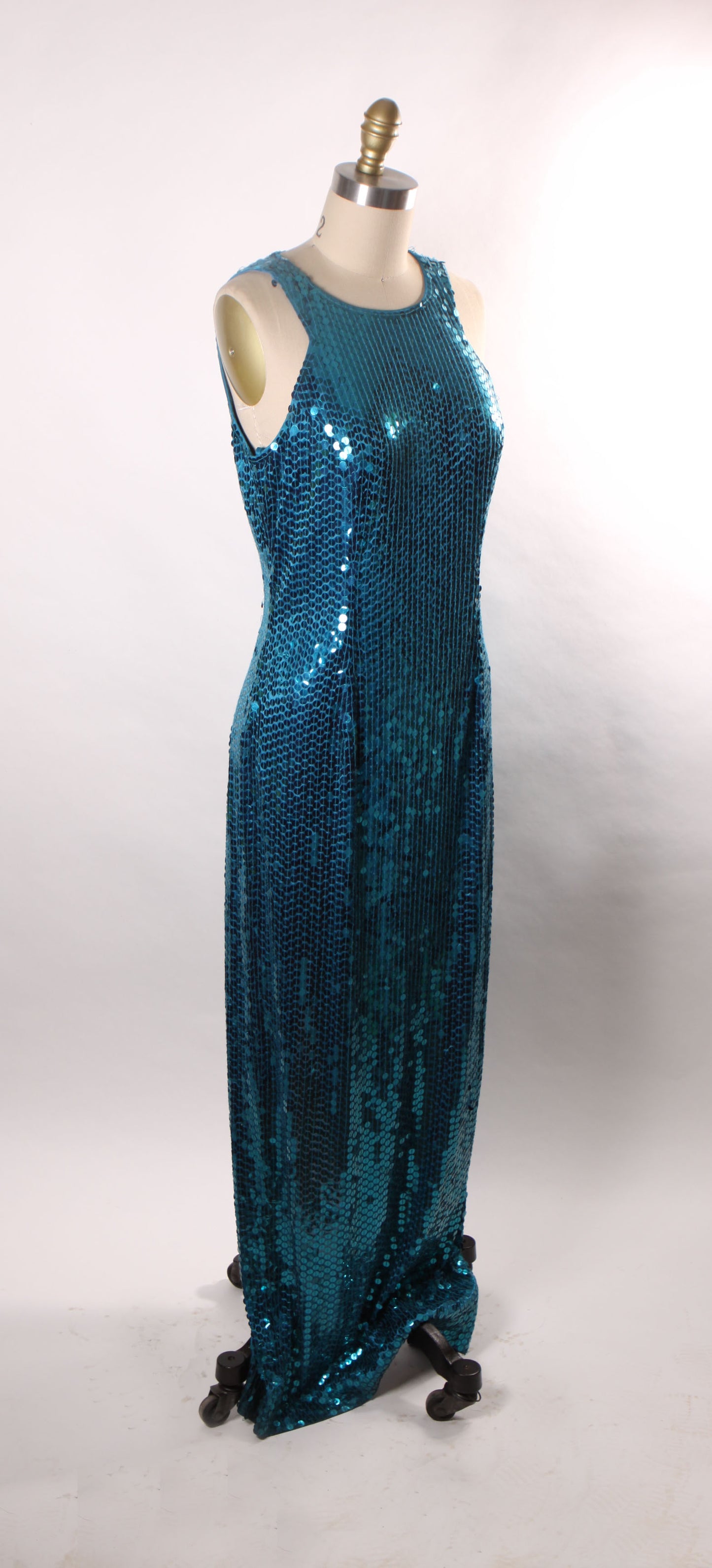 Late 1980s Early 1990s Blue Sequin Sleeveless Full Length Keyhole Back Formal Prom Dress by Adrianna Papell -L