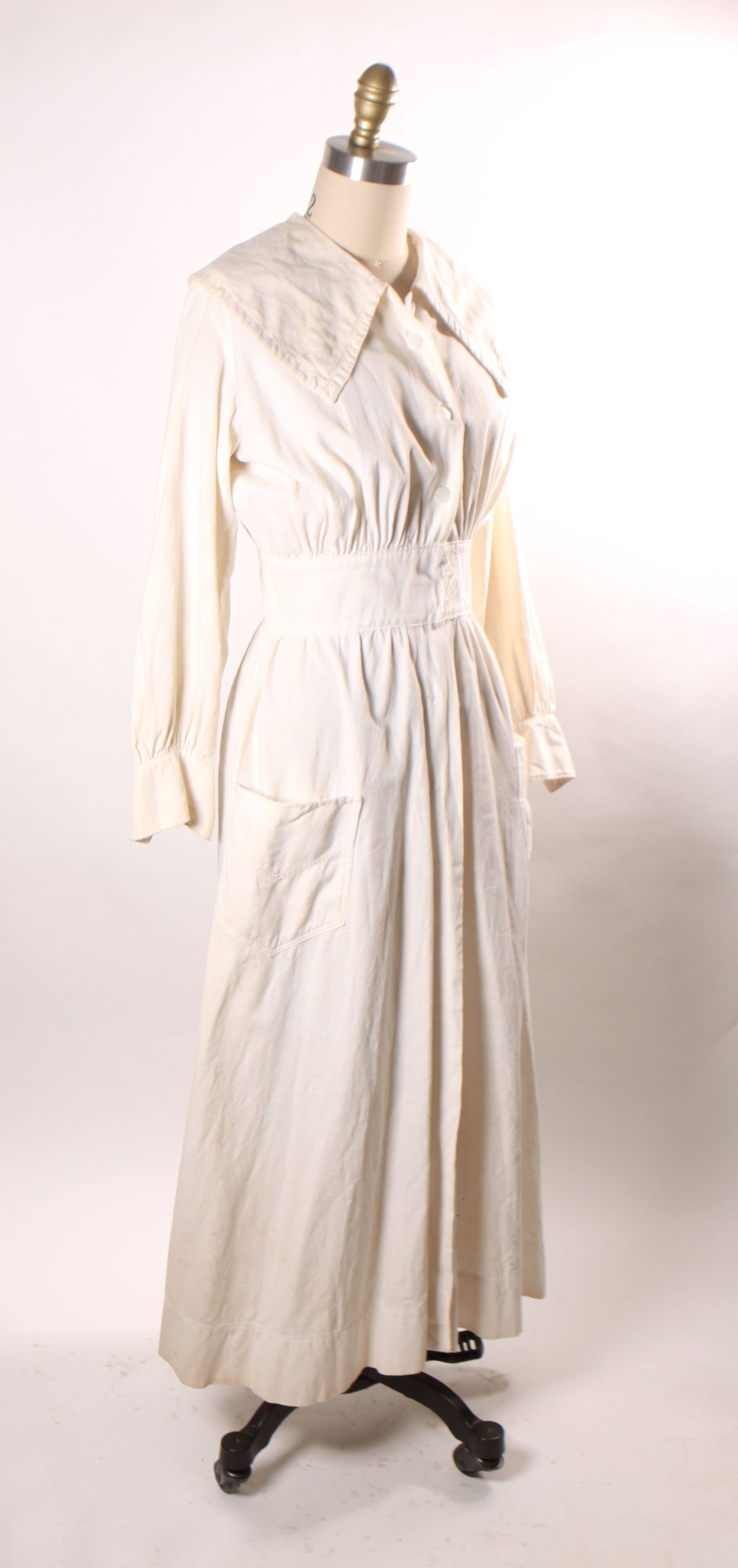 Antique Late 1800s 1890s-1900s White Long Sleeve Wide Collar Pocketed Dress -S