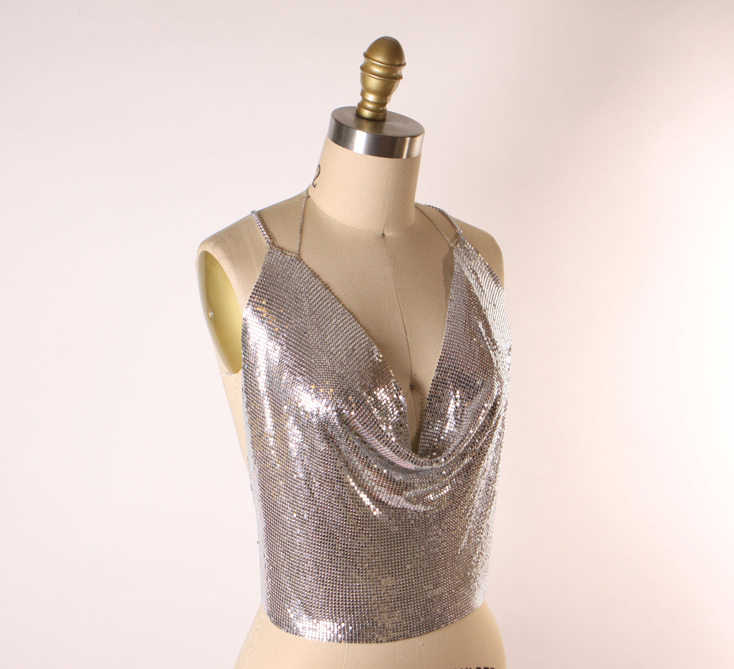 Vintage Y2K Silver Metal Chainmail Deep V Neck Halter Top