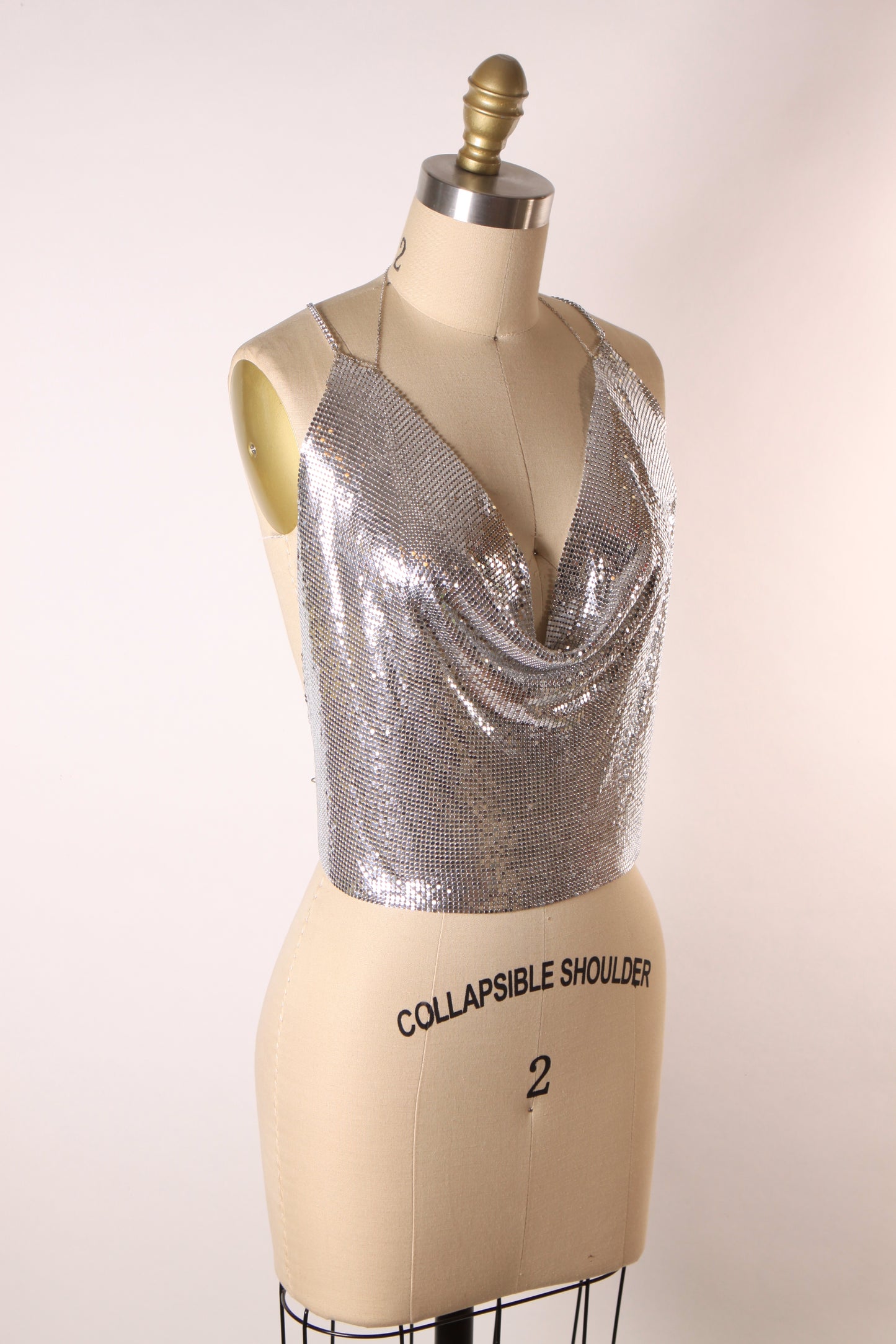 Vintage Y2K Silver Metal Chainmail Deep V Neck Halter Top
