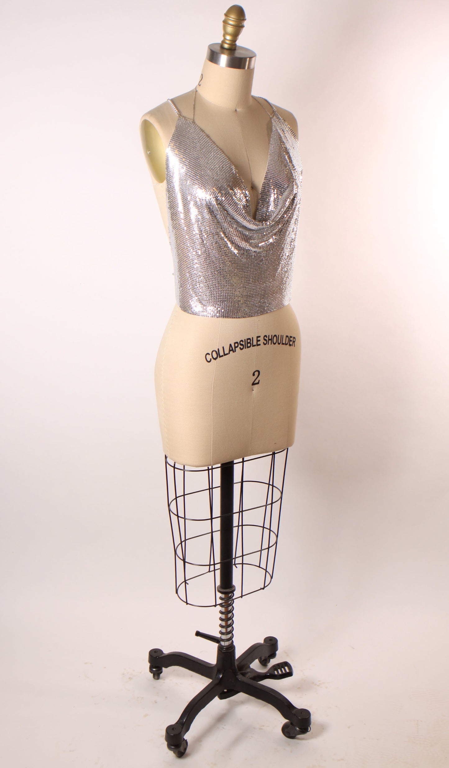 Vintage Y2K Silver Metal Chainmail Deep V Neck Halter Top