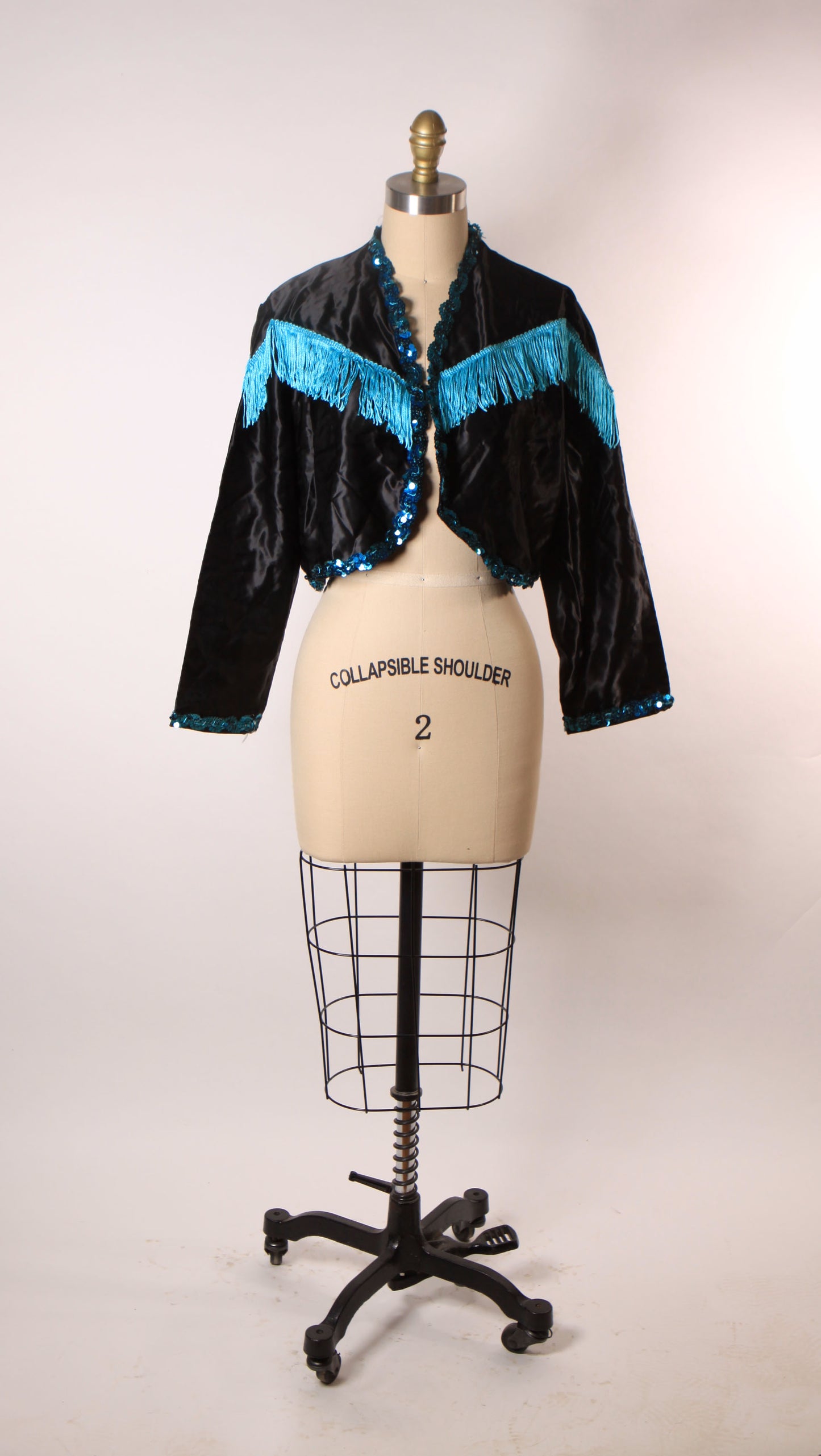 1980s Black and Blue Open Front Fringe Western Style Showgirl Burlesque Costume Jacket