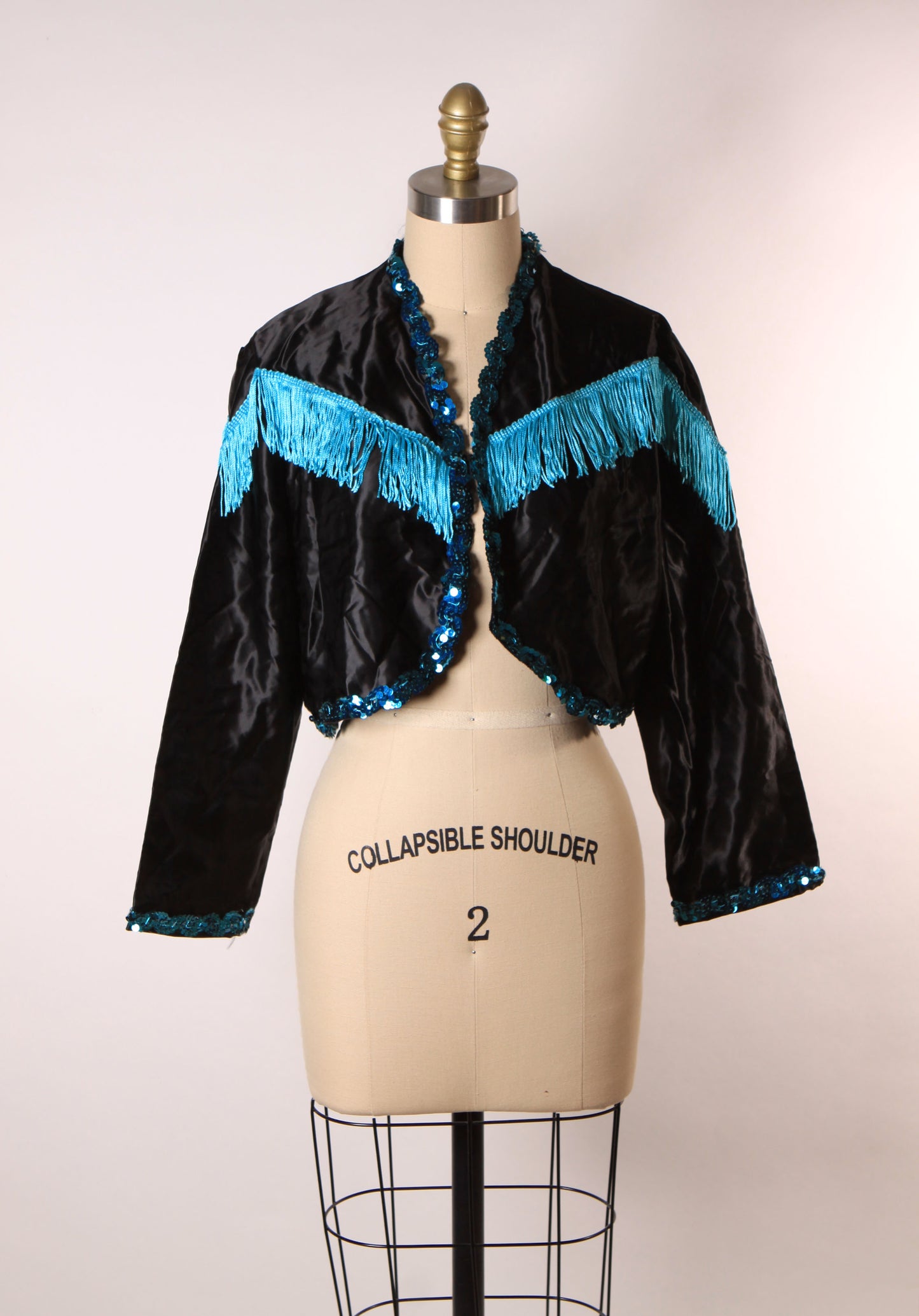 1980s Black and Blue Open Front Fringe Western Style Showgirl Burlesque Costume Jacket