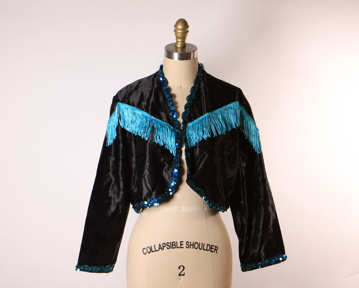1980s Black and Blue Open Front Fringe Western Style Showgirl Burlesque Costume Jacket