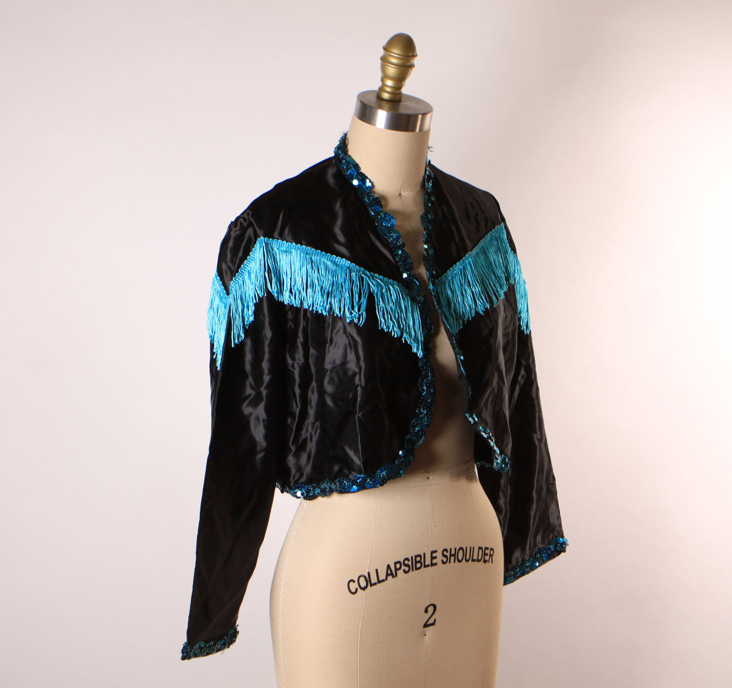 1980s Black and Blue Open Front Fringe Western Style Showgirl Burlesque Costume Jacket