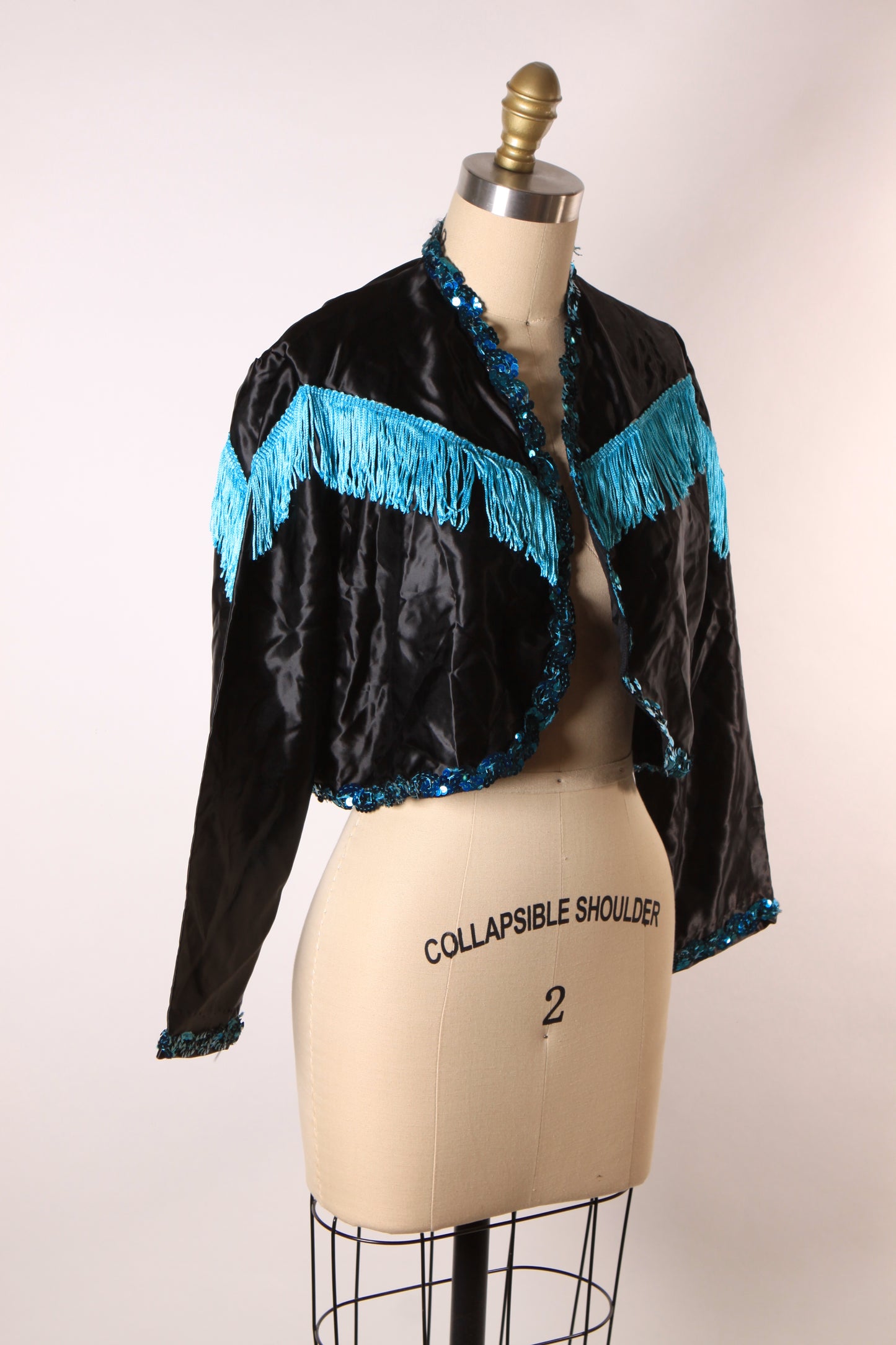 1980s Black and Blue Open Front Fringe Western Style Showgirl Burlesque Costume Jacket