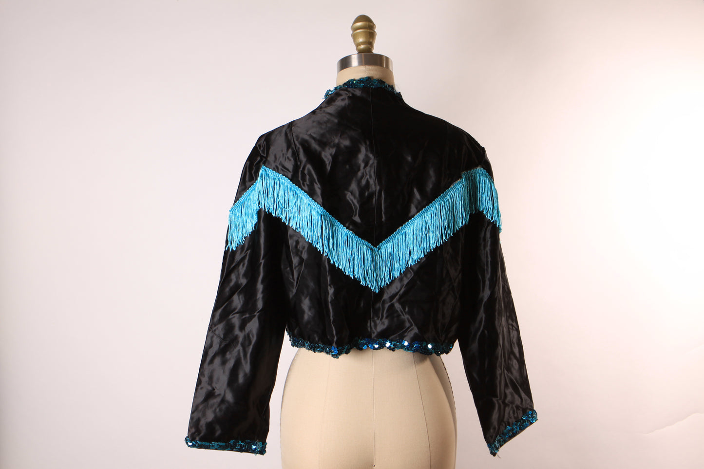 1980s Black and Blue Open Front Fringe Western Style Showgirl Burlesque Costume Jacket