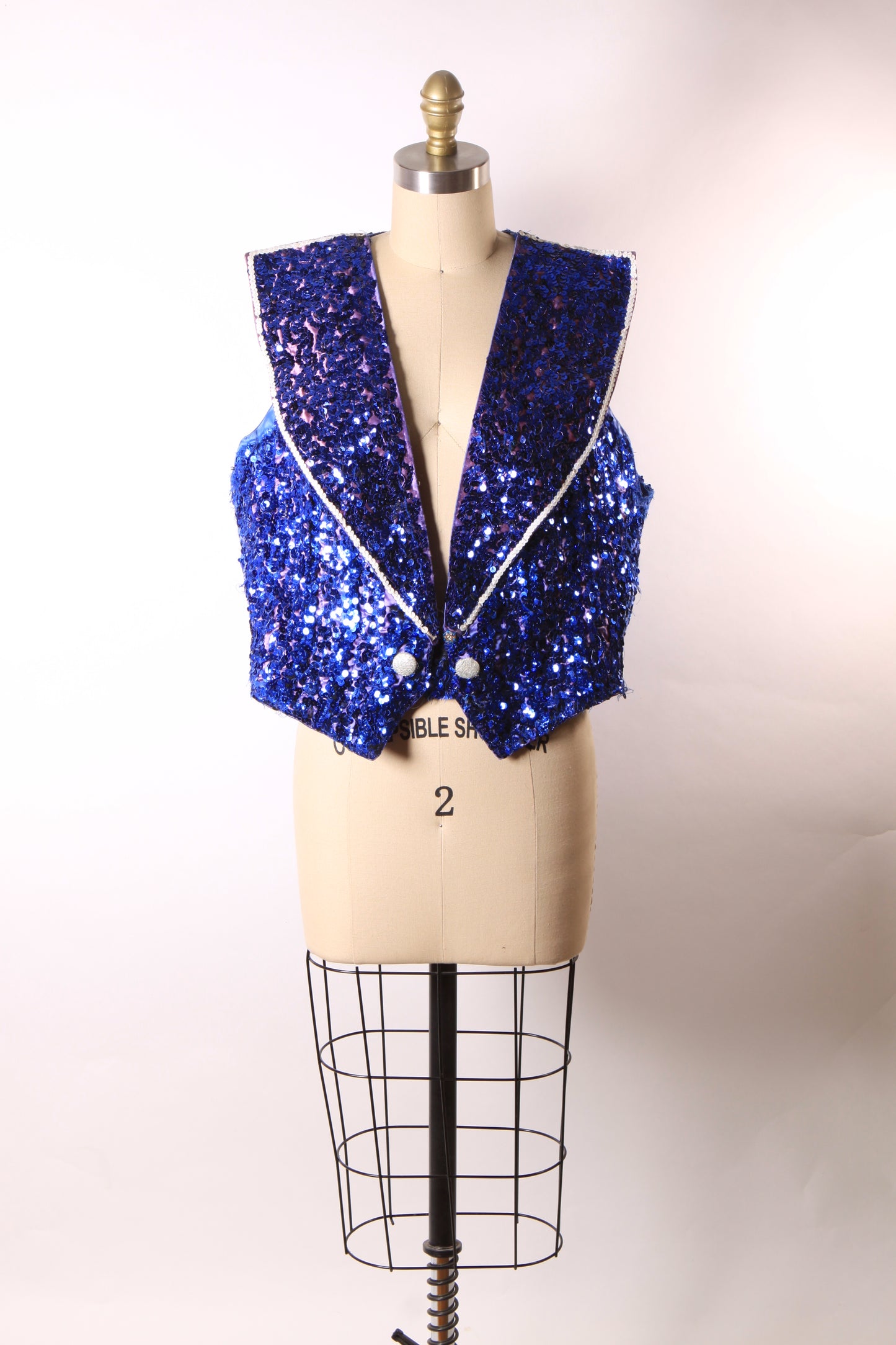 1950s 1960s Blue Sequin Sleeveless Vest Showgirl Burlesque Costume Ringmaster Jacket