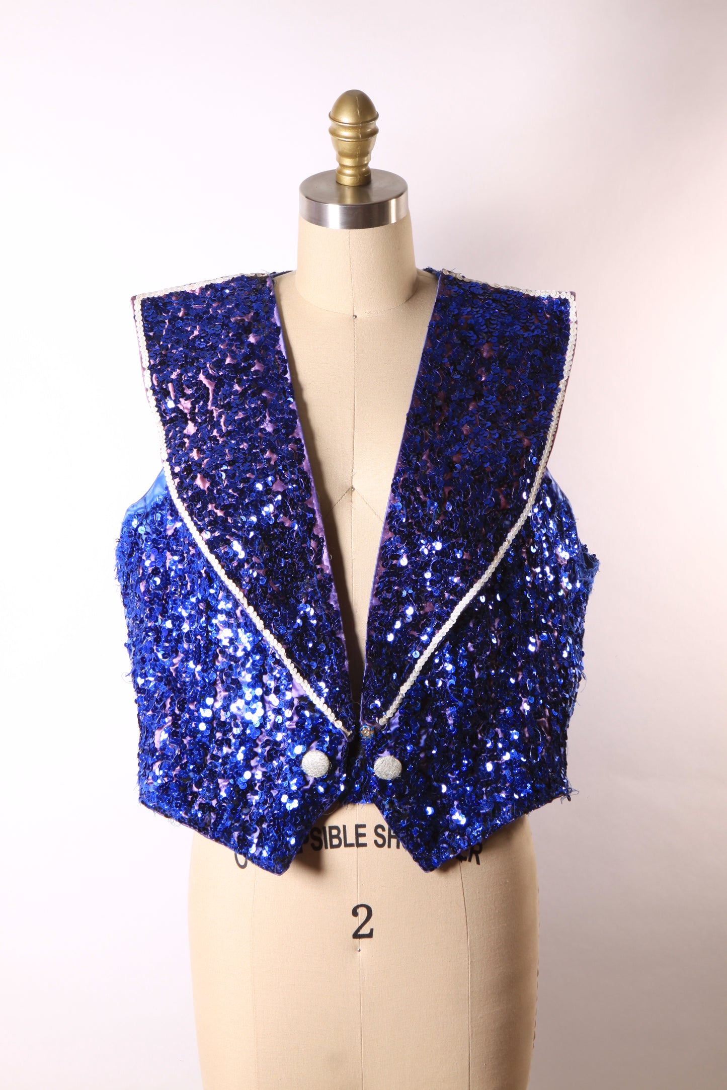 1950s 1960s Blue Sequin Sleeveless Vest Showgirl Burlesque Costume Ringmaster Jacket