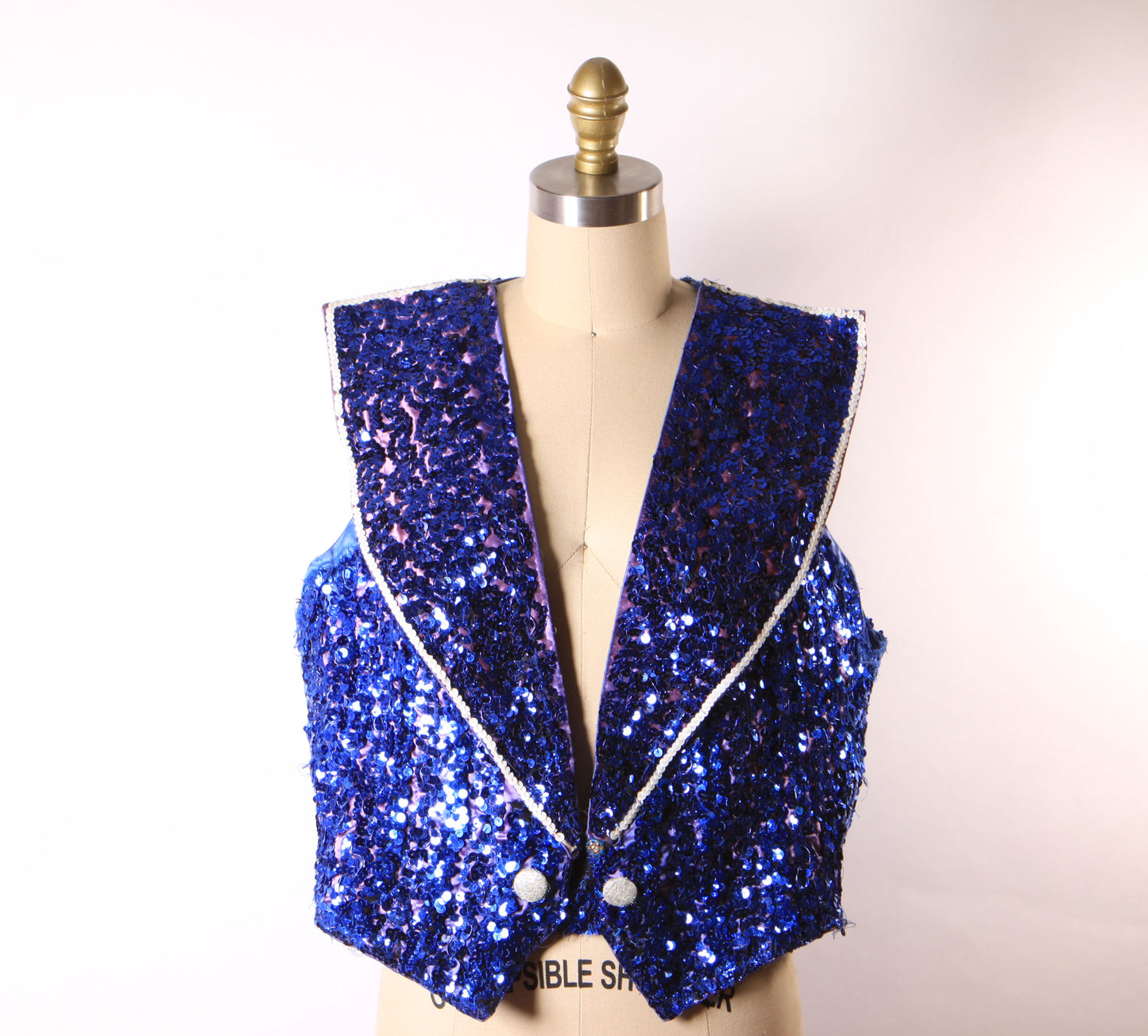 1950s 1960s Blue Sequin Sleeveless Vest Showgirl Burlesque Costume Ringmaster Jacket