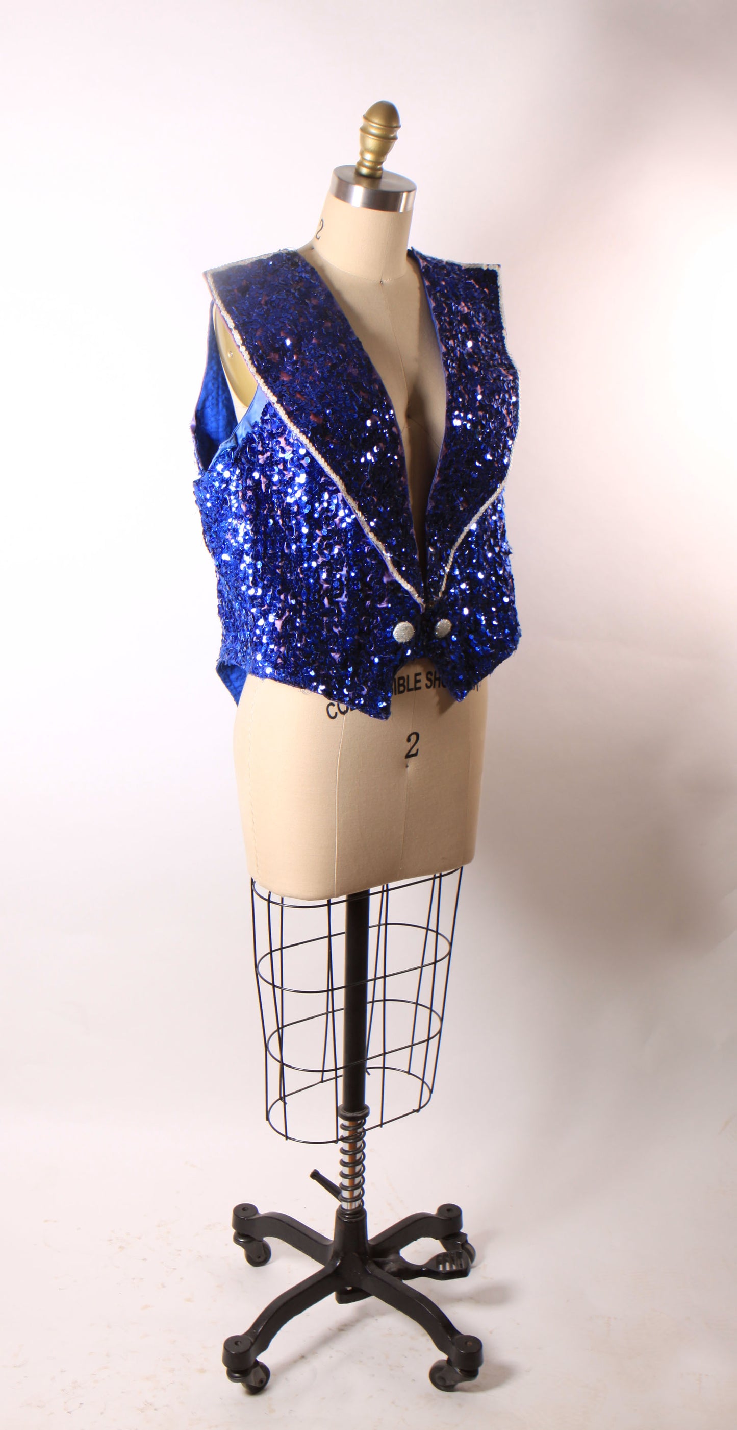 1950s 1960s Blue Sequin Sleeveless Vest Showgirl Burlesque Costume Ringmaster Jacket