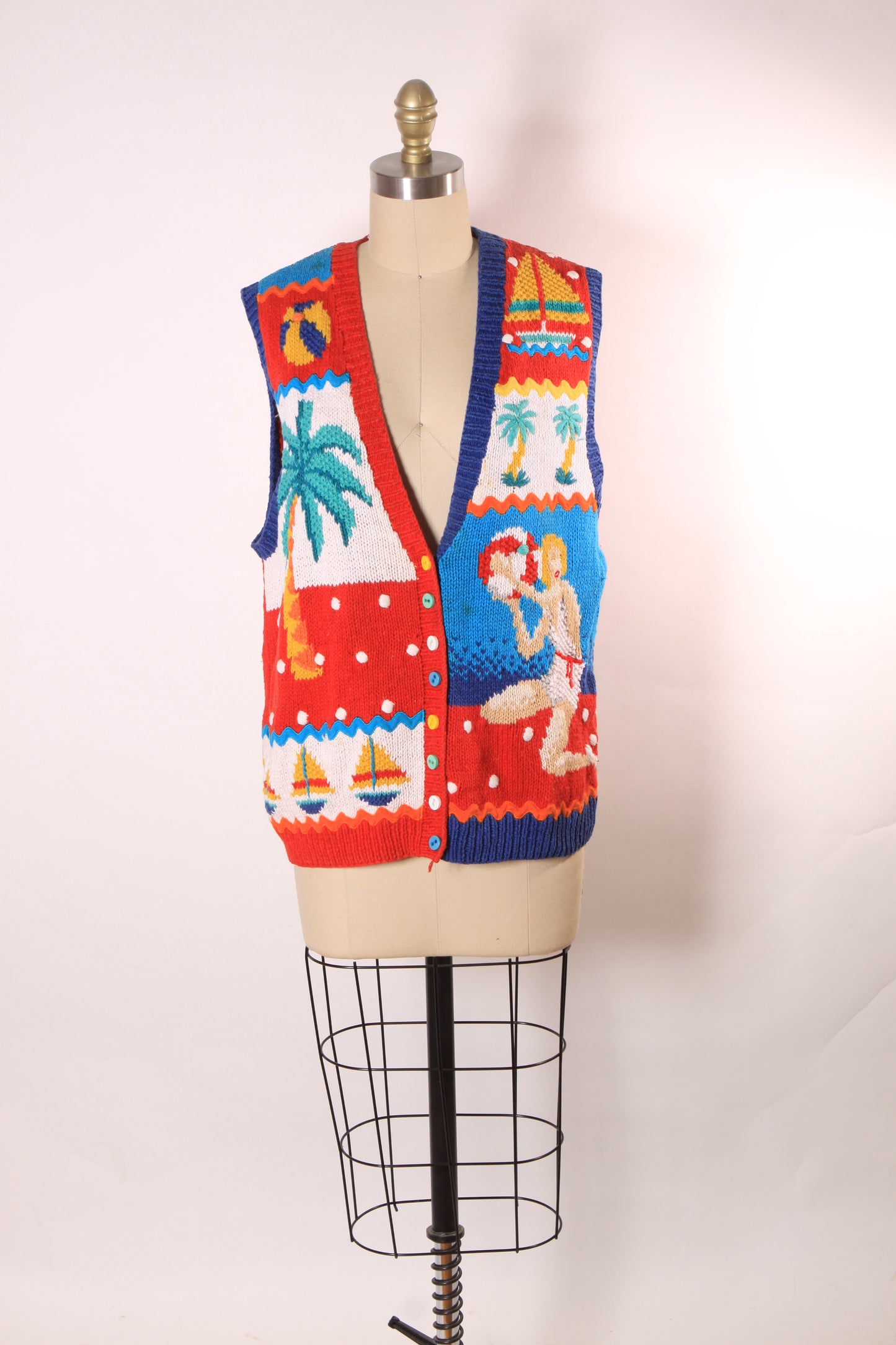1980s Novelty Hand Knit Pin up Beach Scene Sleeveless Sweater Vest by Marisa Christina -M