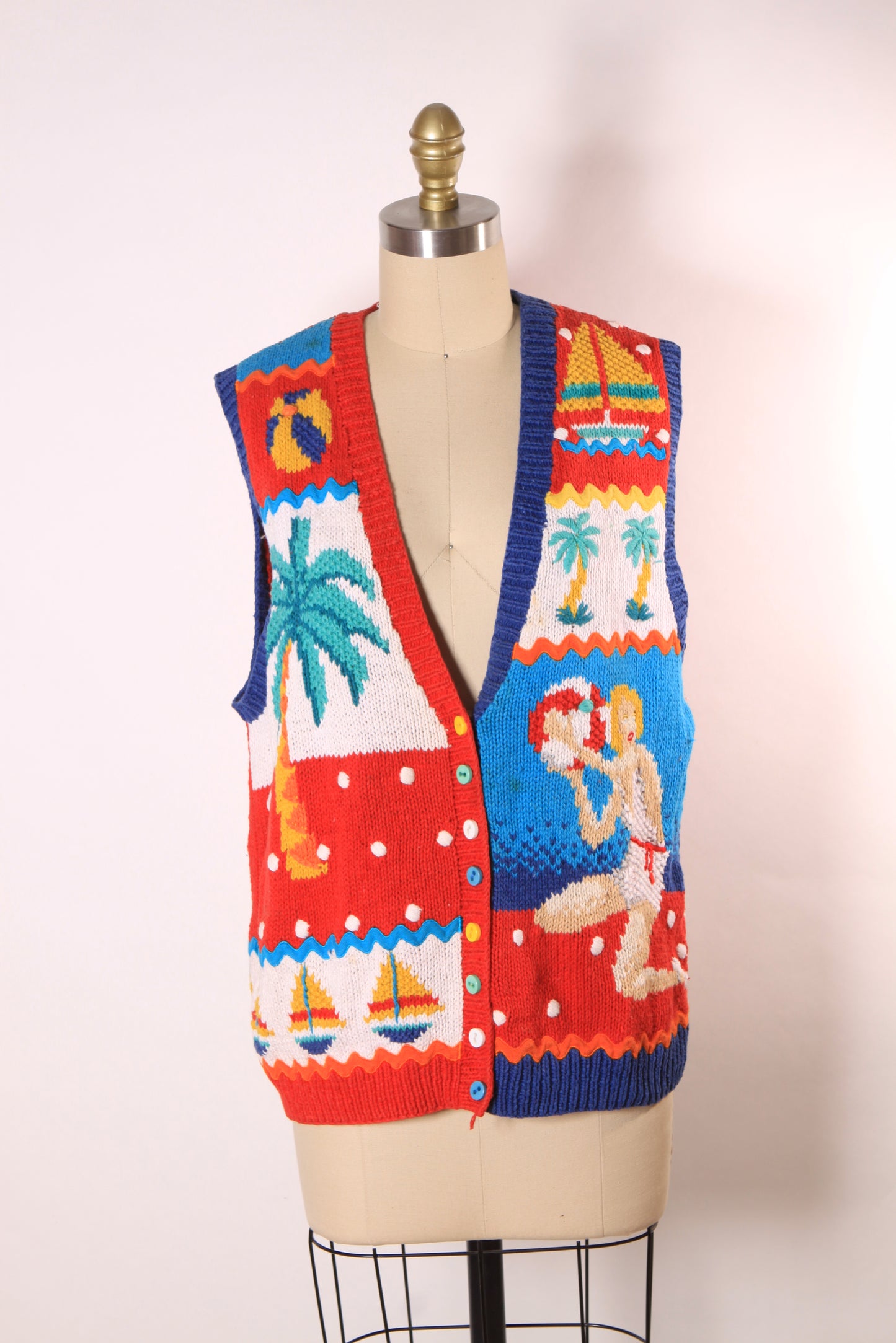 1980s Novelty Hand Knit Pin up Beach Scene Sleeveless Sweater Vest by Marisa Christina -M