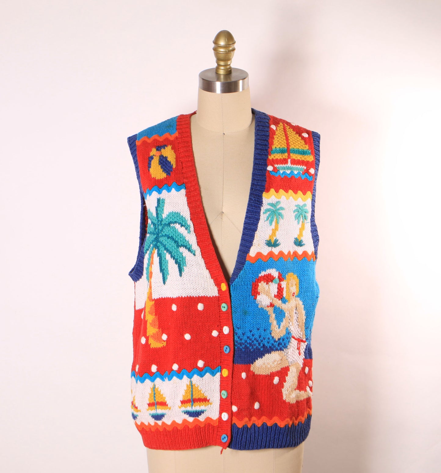 1980s Novelty Hand Knit Pin up Beach Scene Sleeveless Sweater Vest by Marisa Christina -M