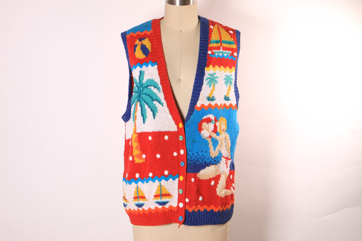 1980s Novelty Hand Knit Pin up Beach Scene Sleeveless Sweater Vest by Marisa Christina -M