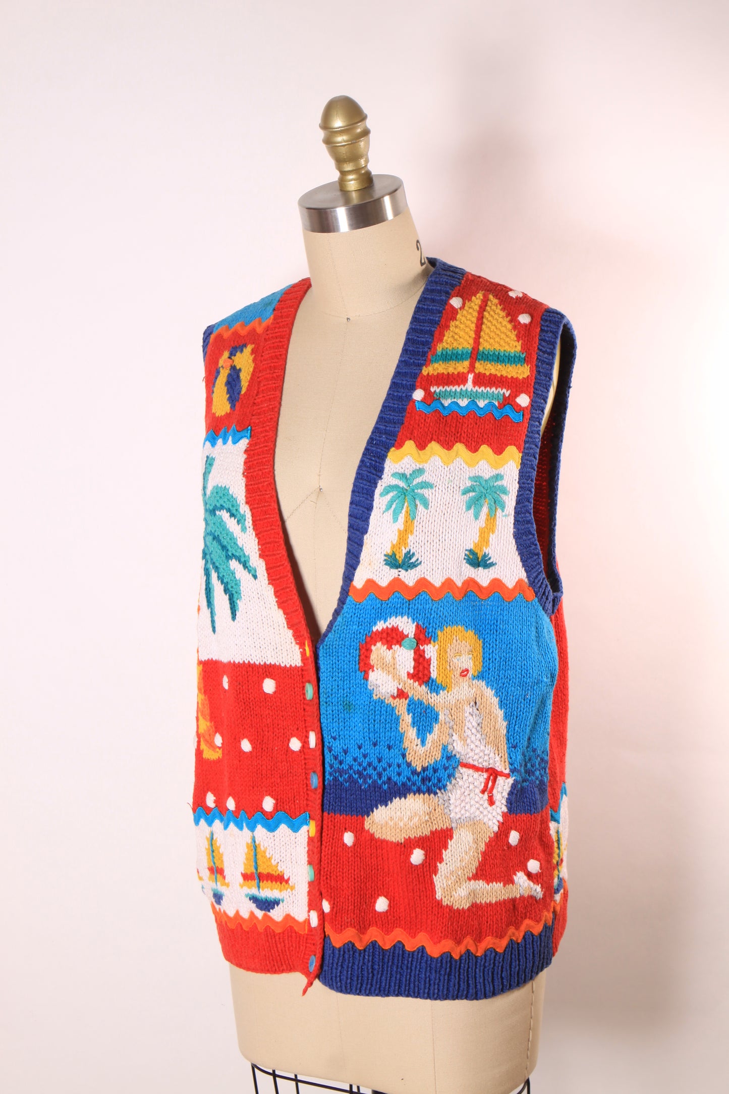 1980s Novelty Hand Knit Pin up Beach Scene Sleeveless Sweater Vest by Marisa Christina -M