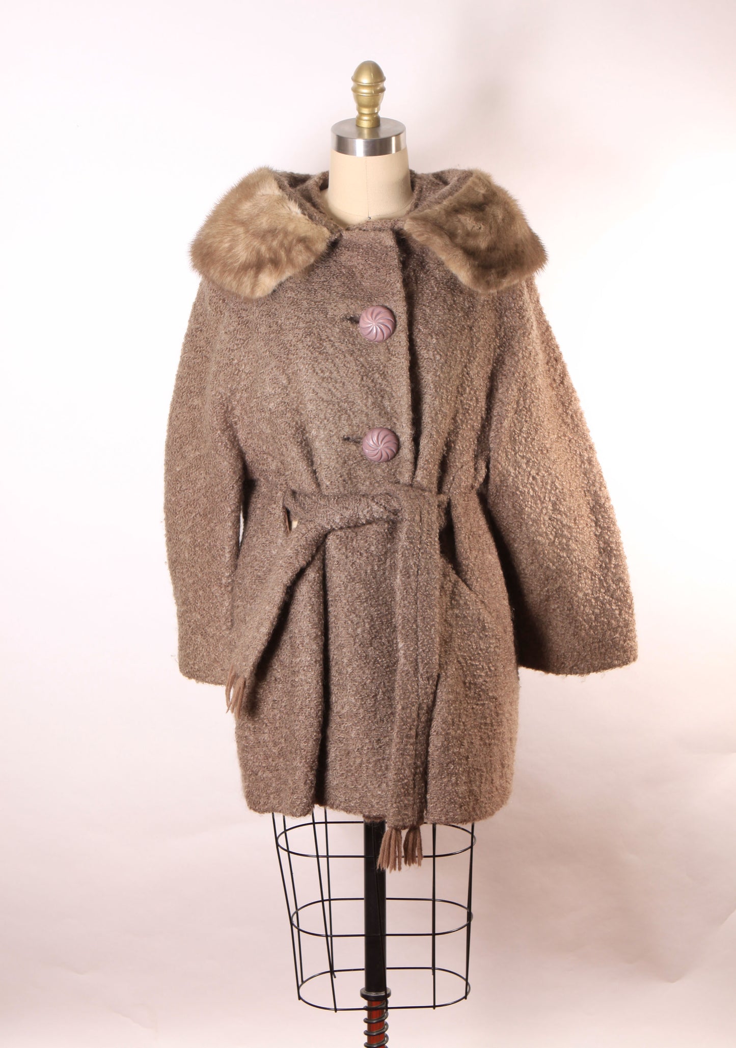 1950s Purple Gray Brown Long Sleeve Interior Belt Mink Fur Trim Collar Coat