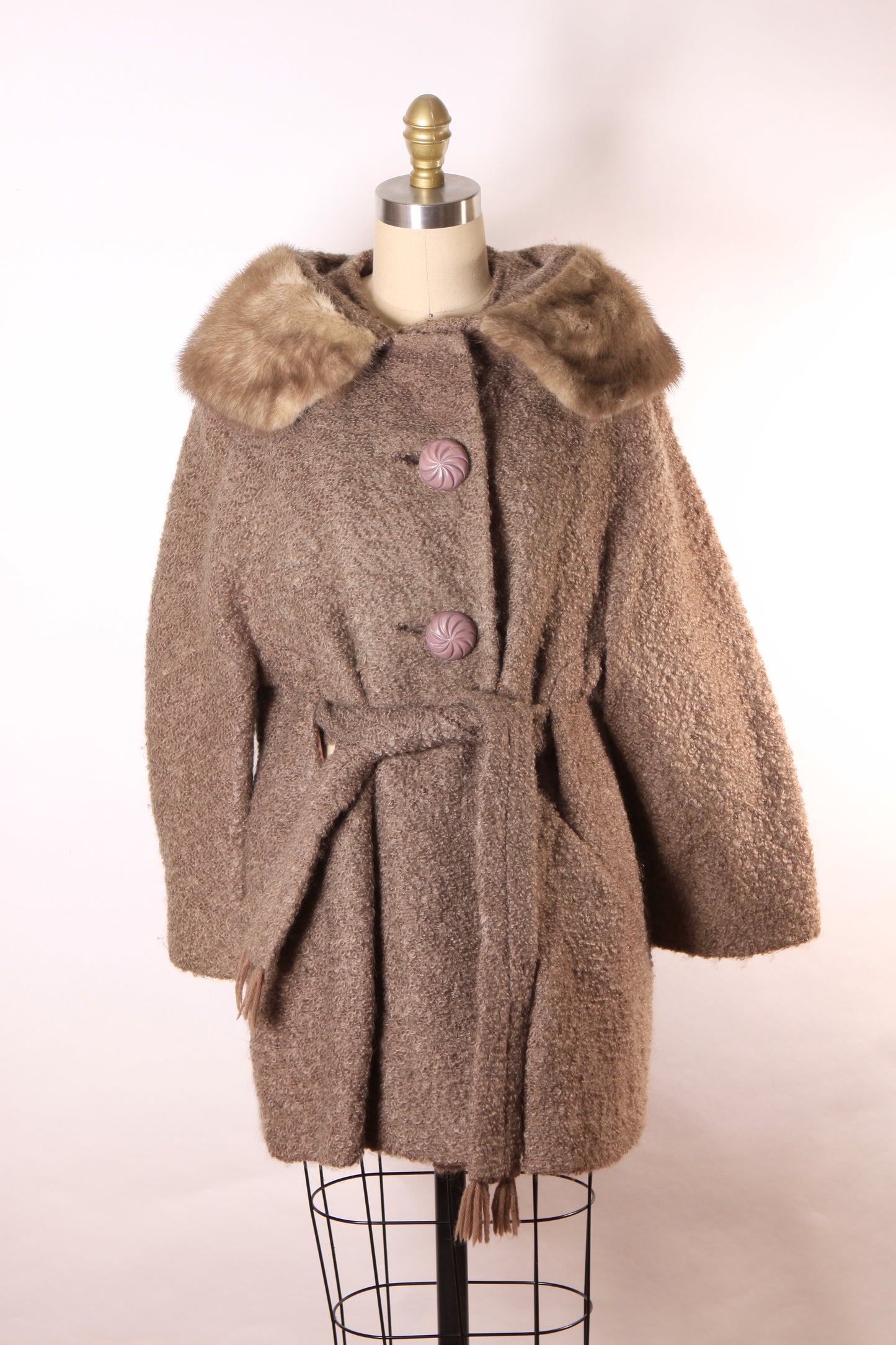 1950s Purple Gray Brown Long Sleeve Interior Belt Mink Fur Trim Collar Coat